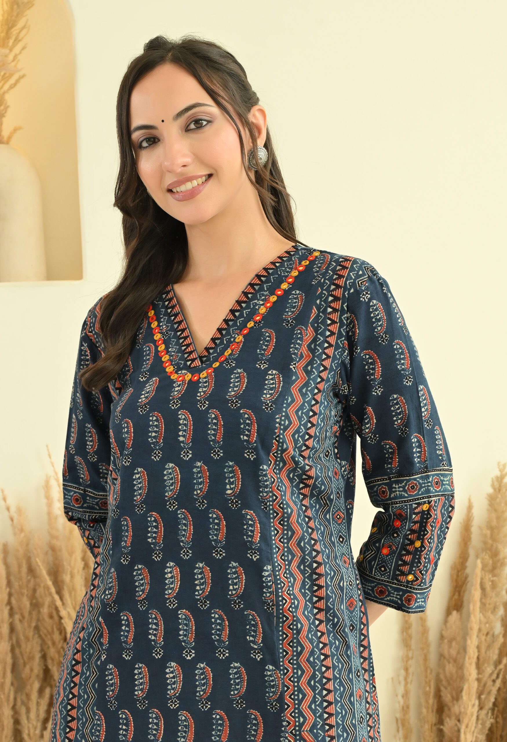 Indigo Ajrakh Kurta Set with Mirror Embroidery - Image 3