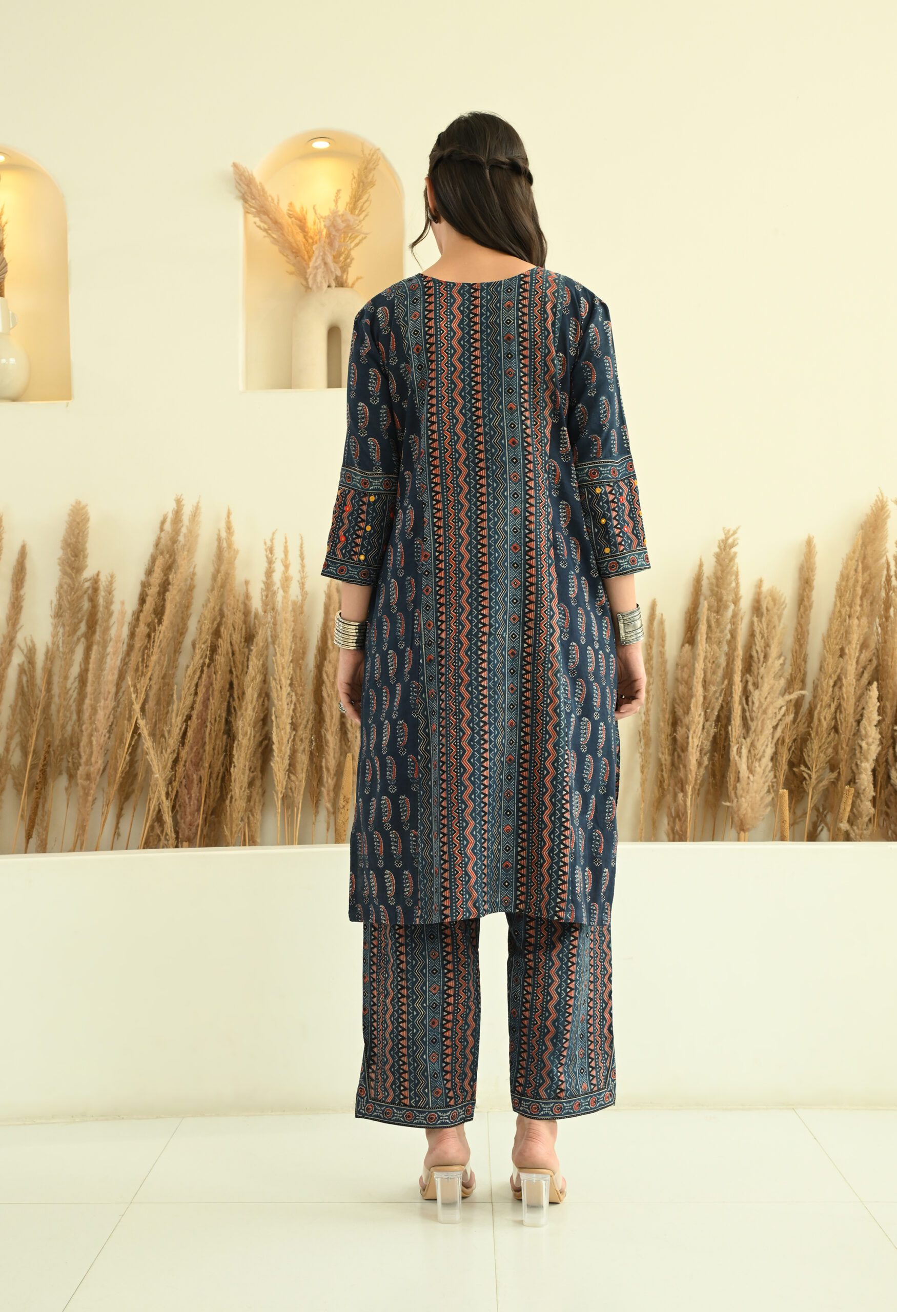 Indigo Ajrakh Kurta Set with Mirror Embroidery - Image 4