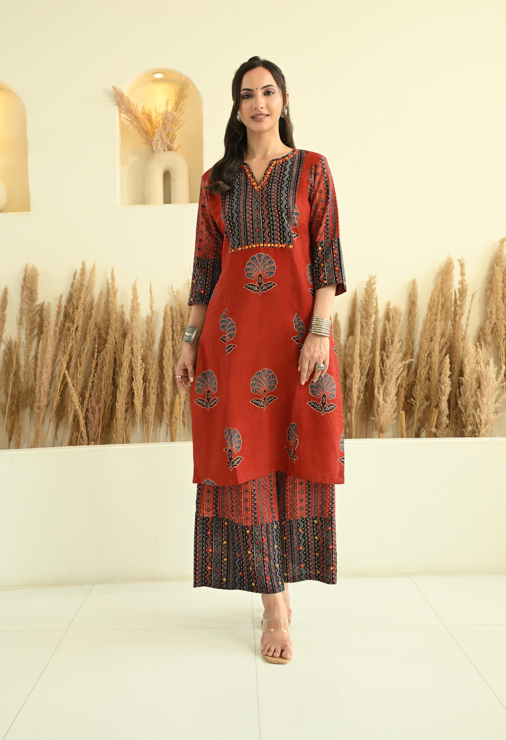 Maroon- Black Ajrakh Kurta Set with Mirror Embroidery