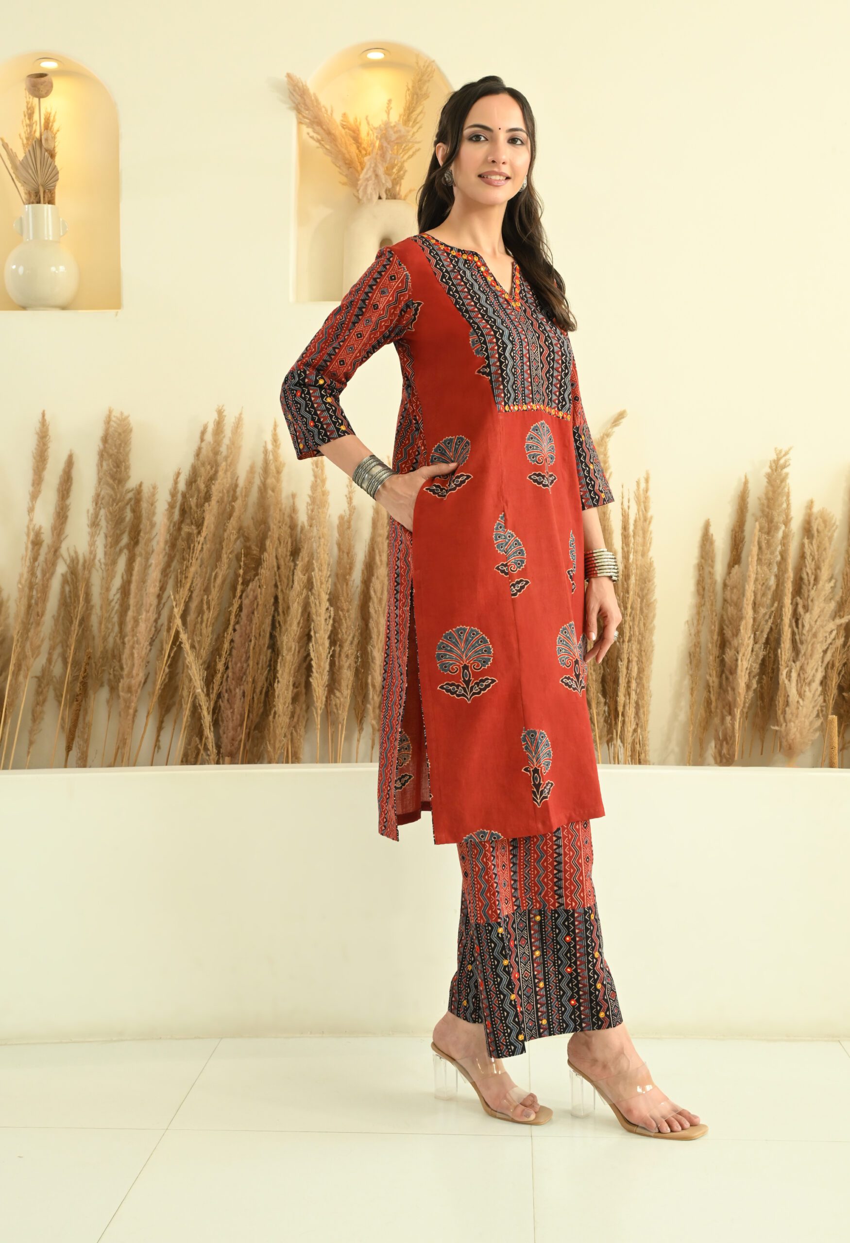 Maroon- Black Ajrakh Kurta Set with Mirror Embroidery - Image 2