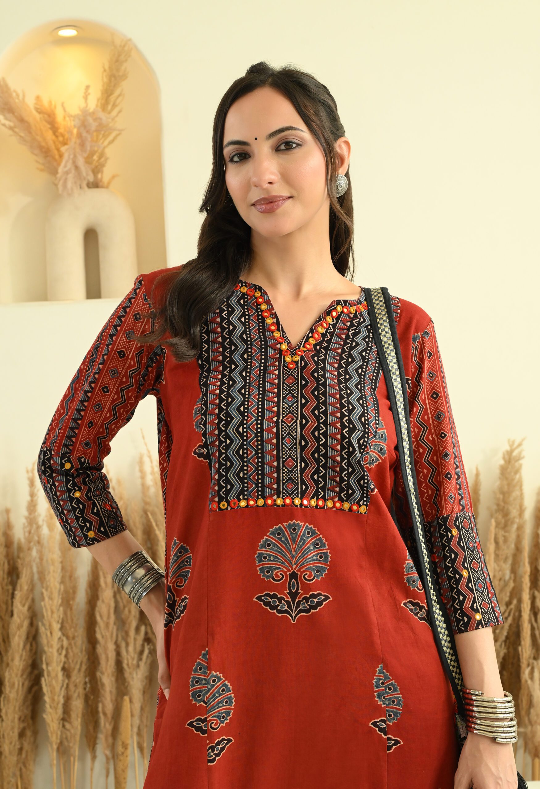 Maroon- Black Ajrakh Kurta Set with Mirror Embroidery - Image 3