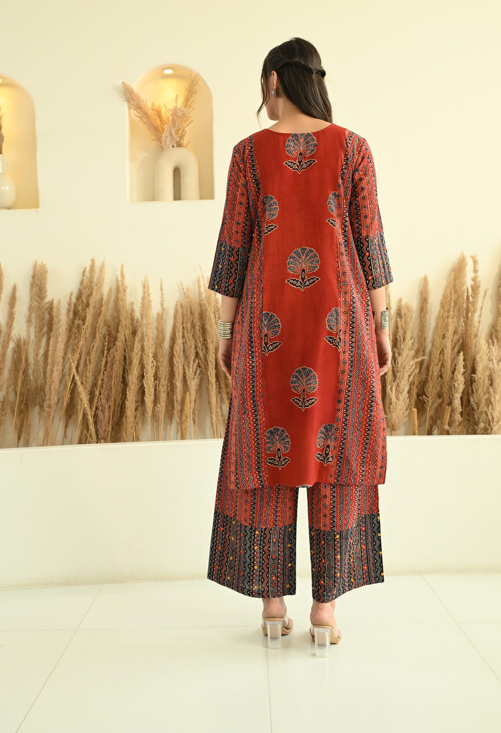 Maroon- Black Ajrakh Kurta Set with Mirror Embroidery - Image 5