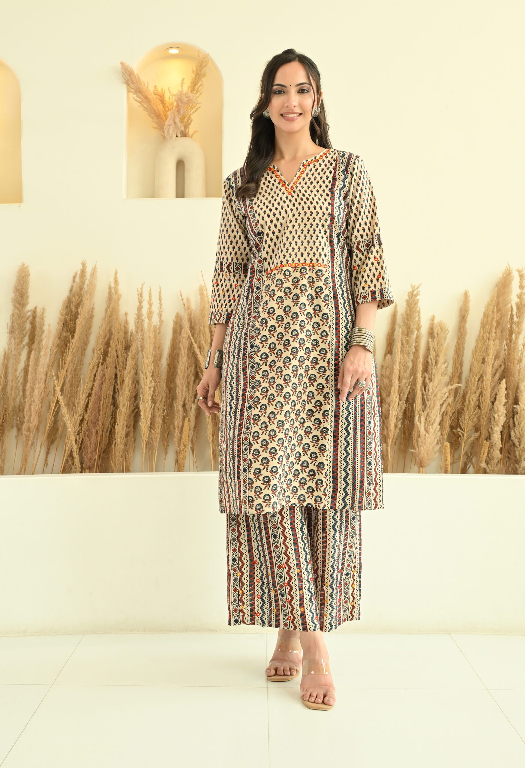 Off White Ajrakh Kurta Set with Mirror Embroidery