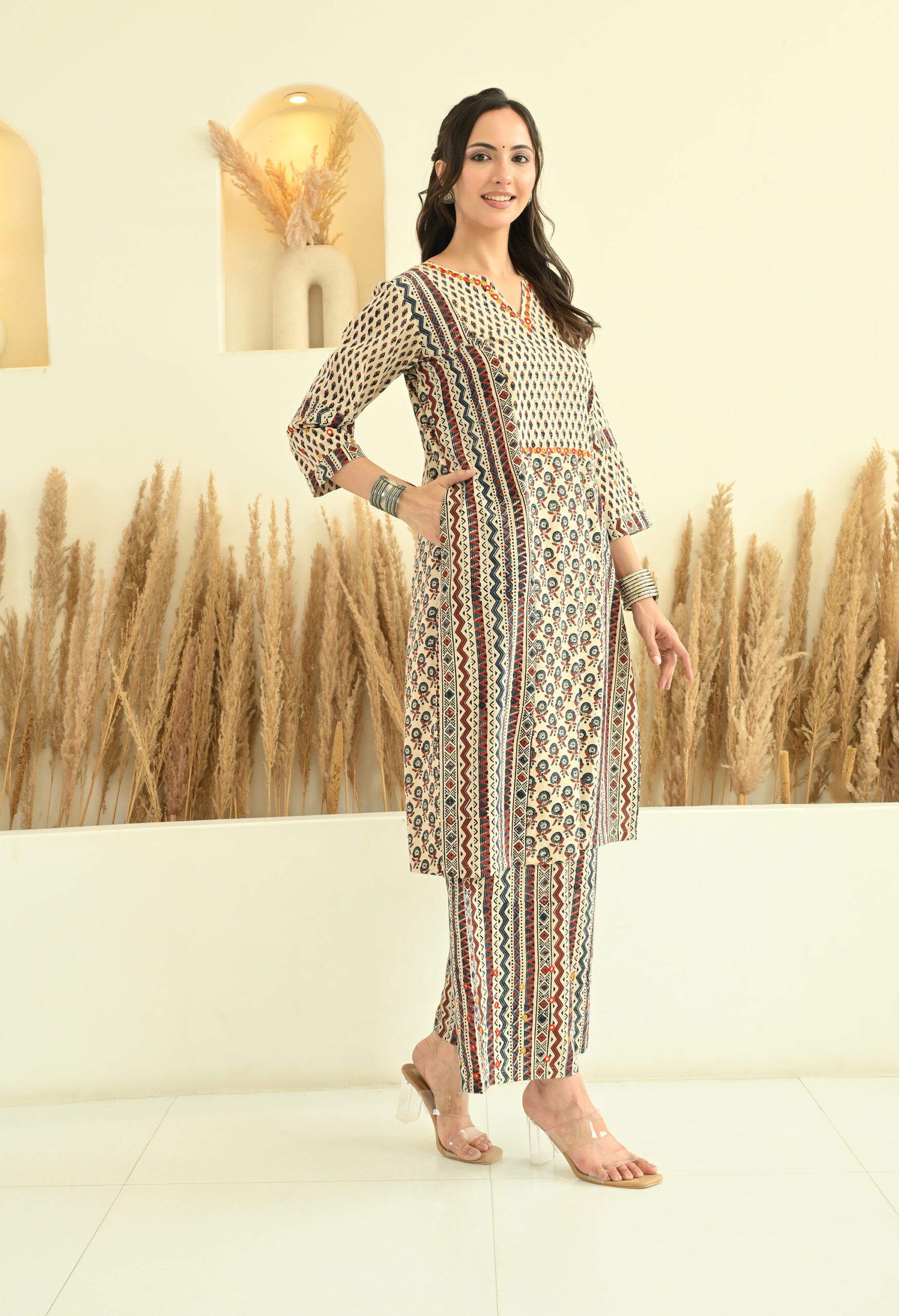 Off White Ajrakh Kurta Set with Mirror Embroidery - Image 2