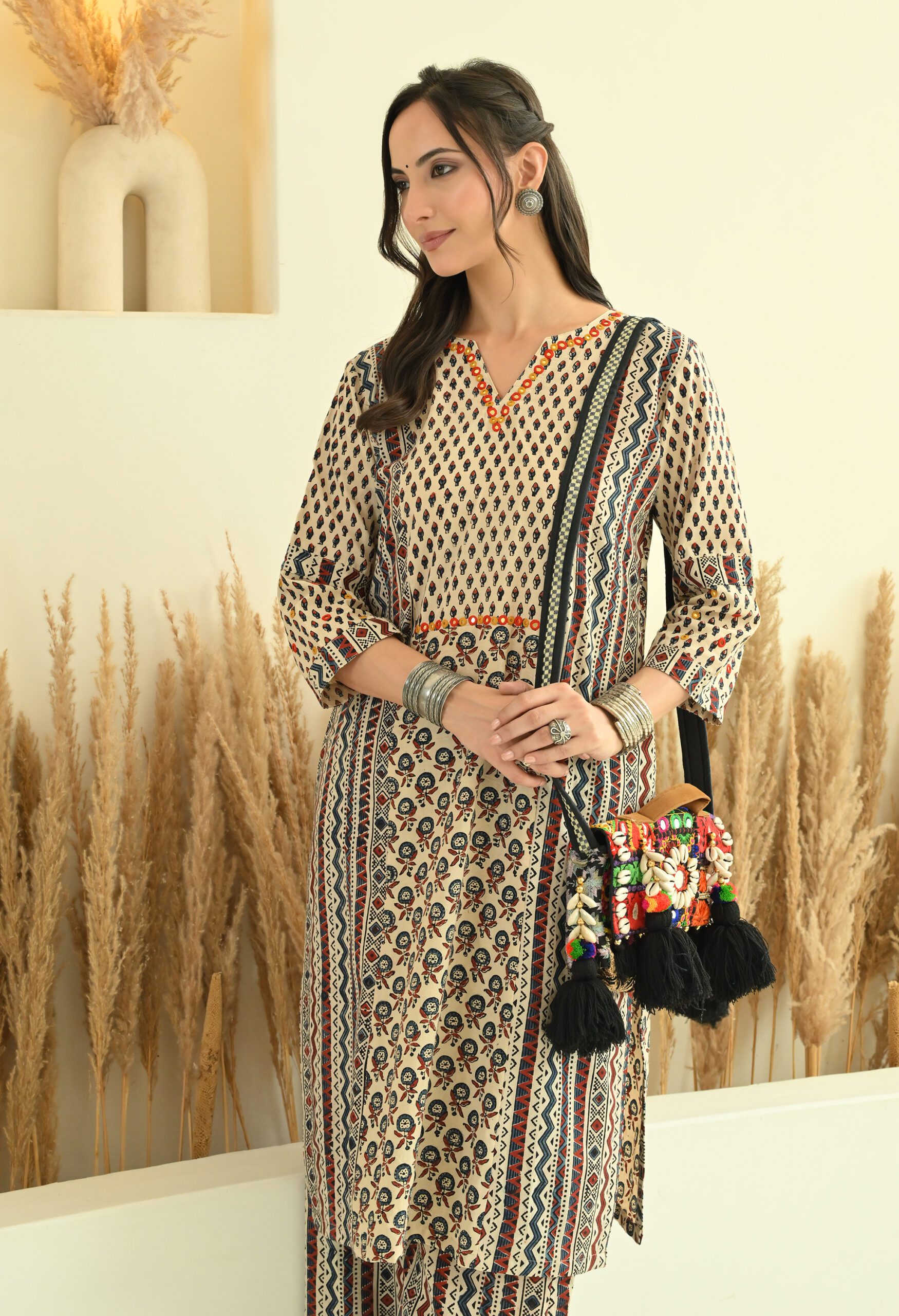 Off White Ajrakh Kurta Set with Mirror Embroidery - Image 3