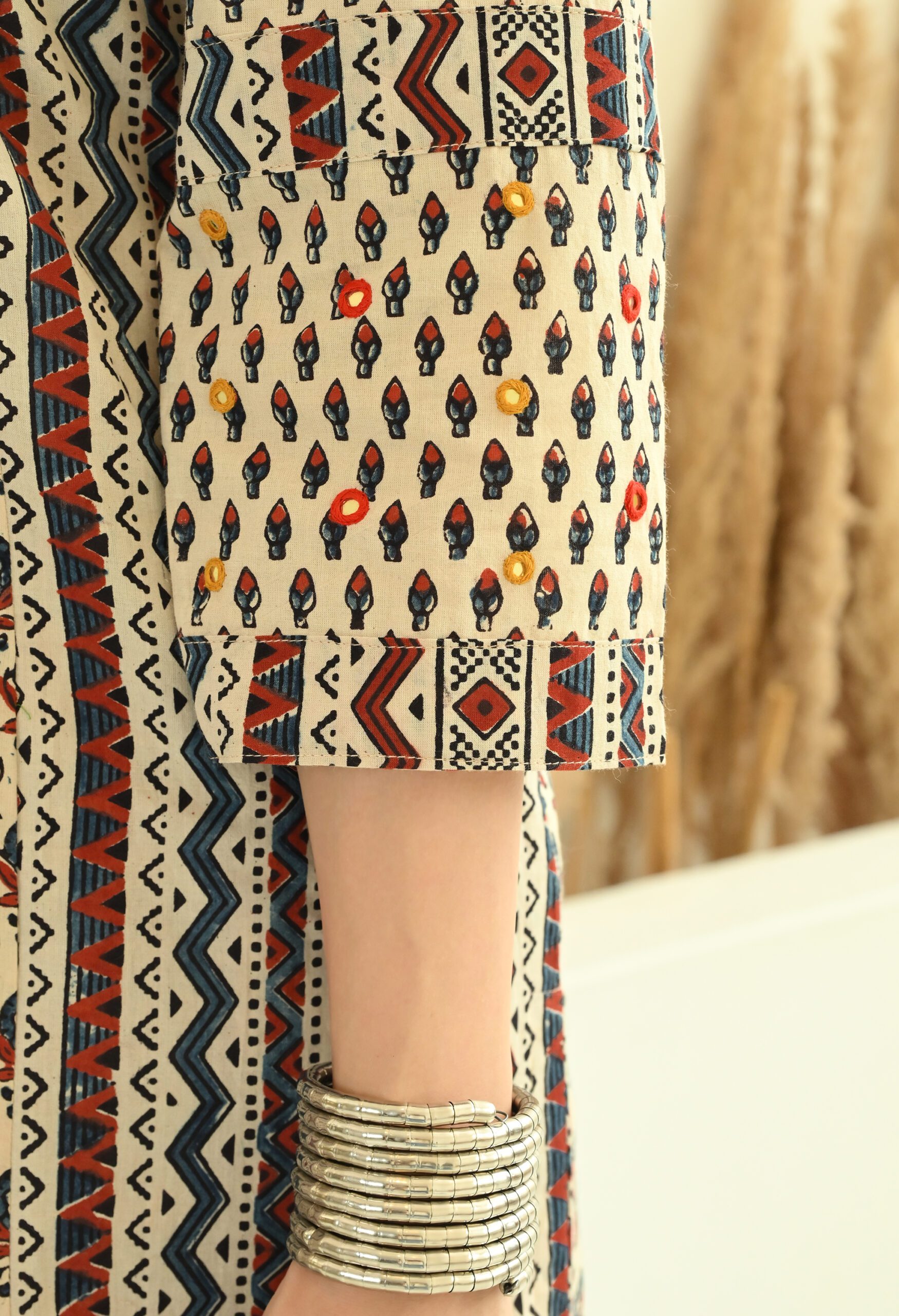 Off White Ajrakh Kurta Set with Mirror Embroidery - Image 4