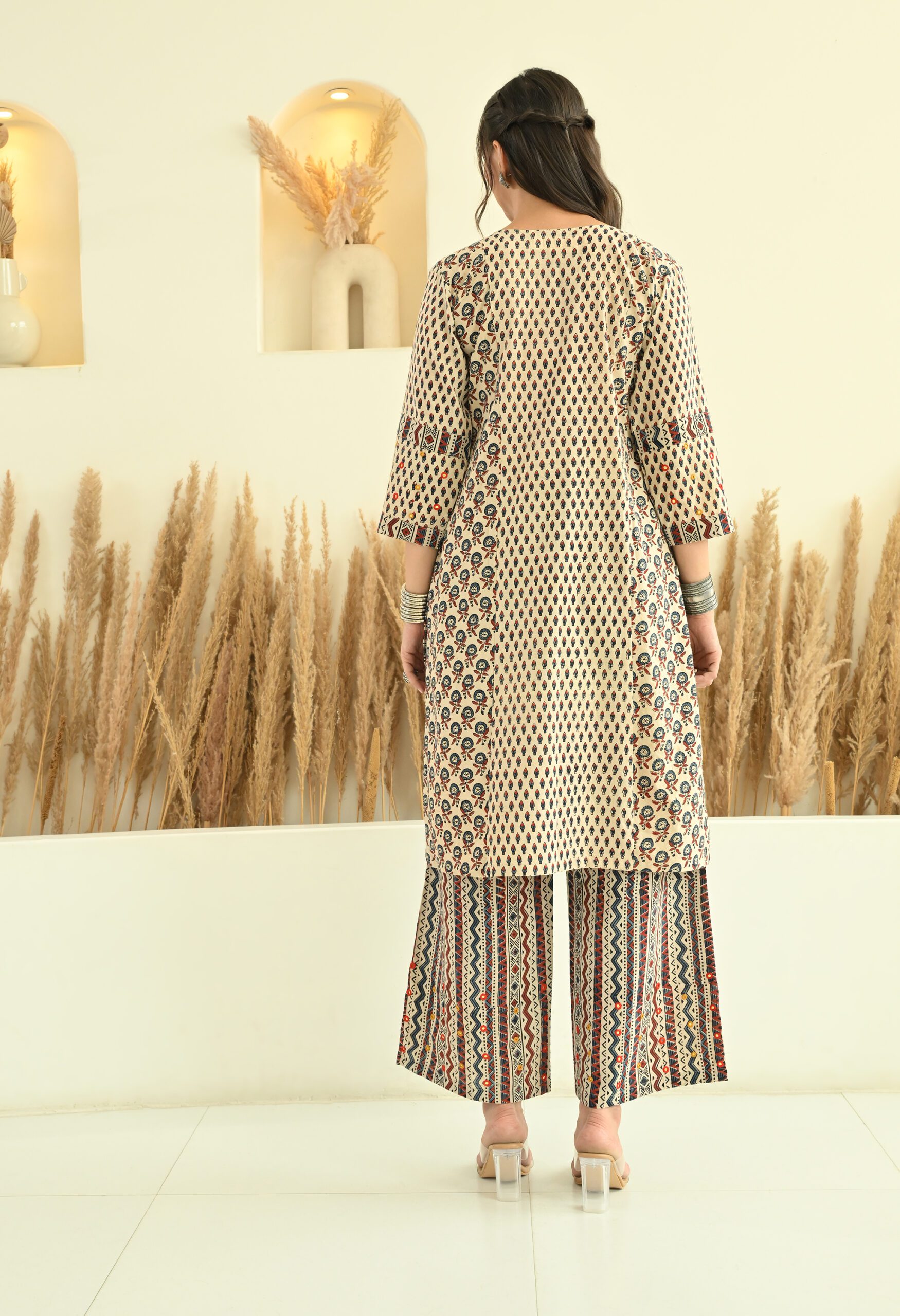 Off White Ajrakh Kurta Set with Mirror Embroidery - Image 5