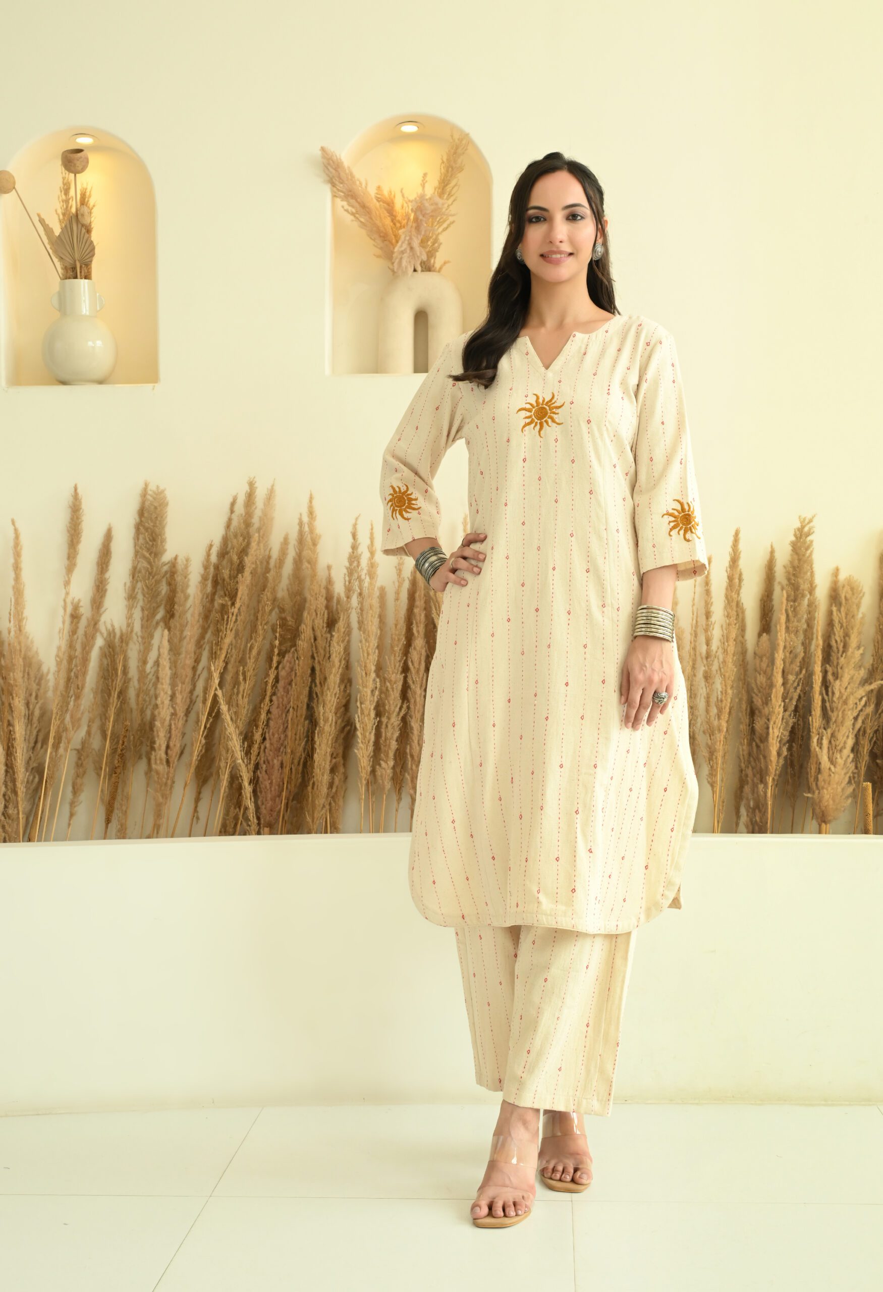 Bhujodi Kala Cotton Off White Surya Kurta with Pants