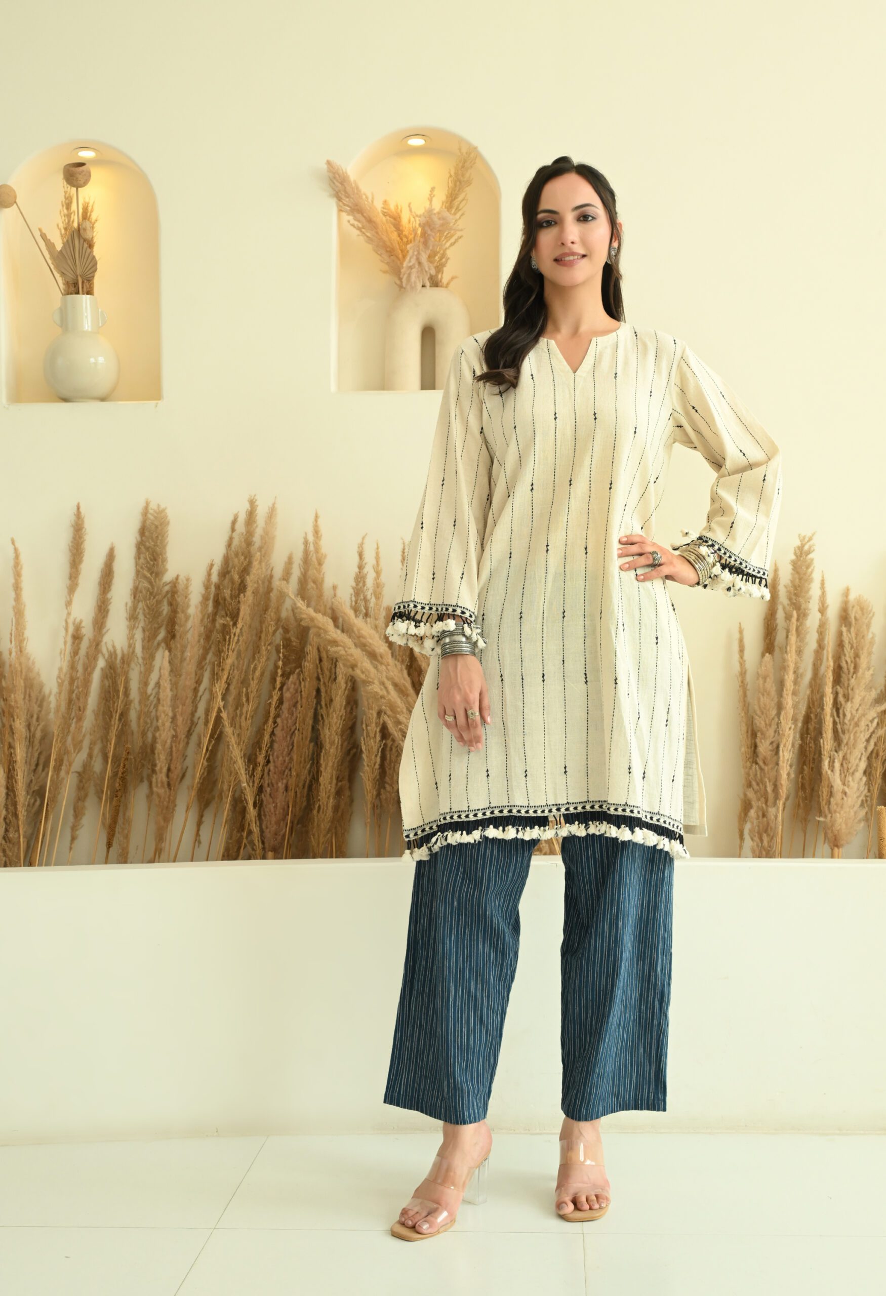Bhujodi Kala Cotton Off White - Black Short Kurta with Pants