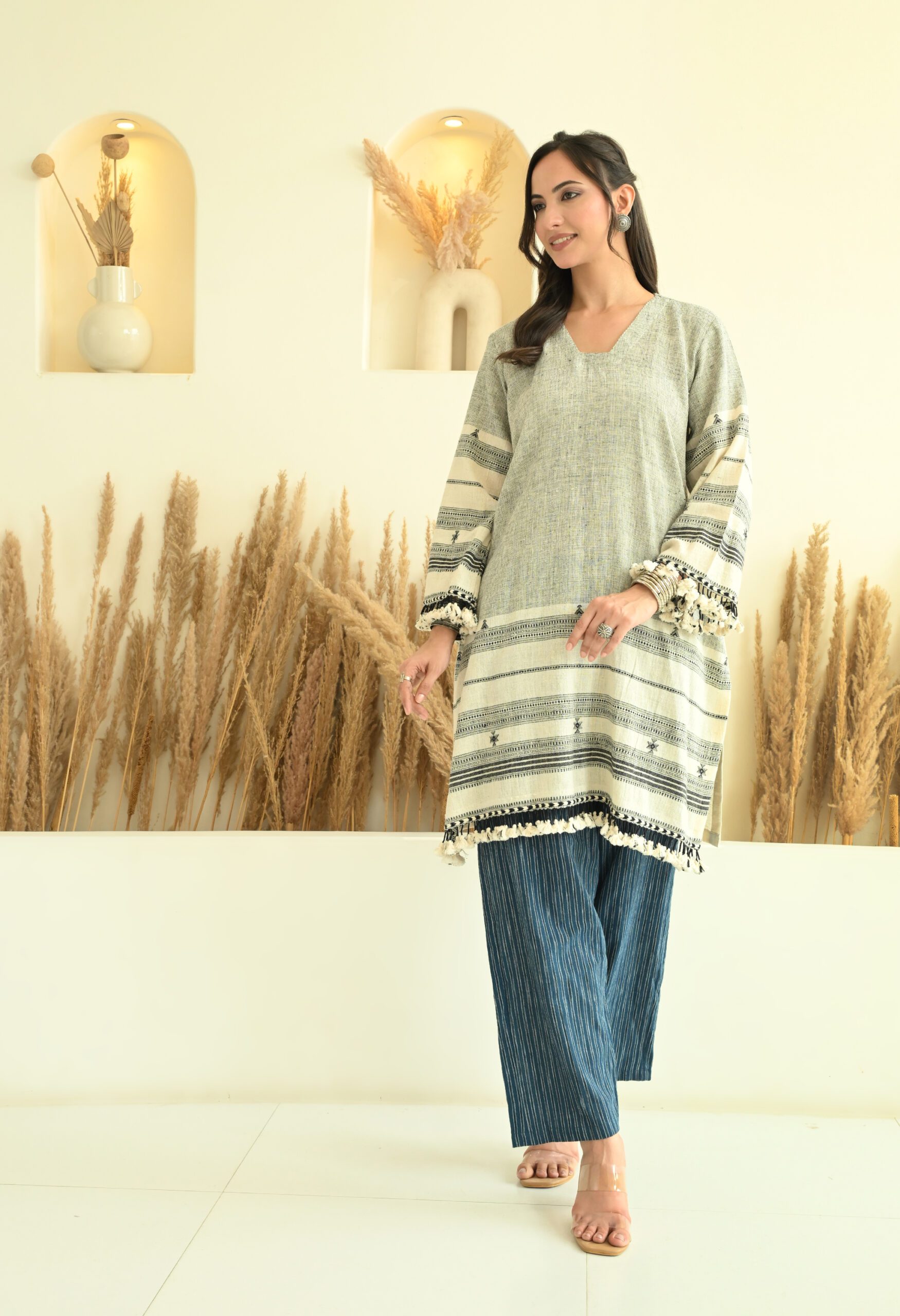 Bhujodi Kala Cotton Off white- Black Short Kurta with Pants