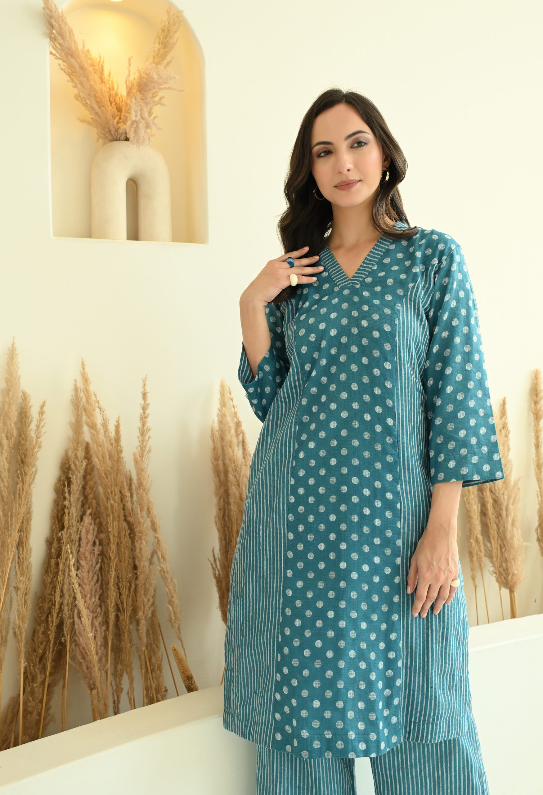 Teal Blue Polka & Lines Kota Doria Co-ord Set