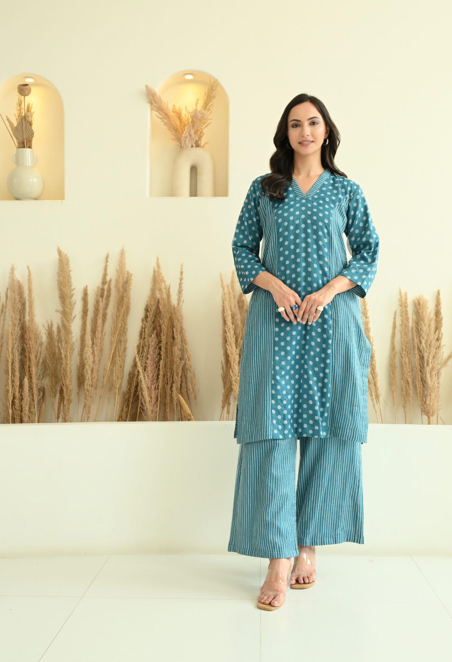 Teal Blue Polka & Lines Kota Doria Co-ord Set - Image 2
