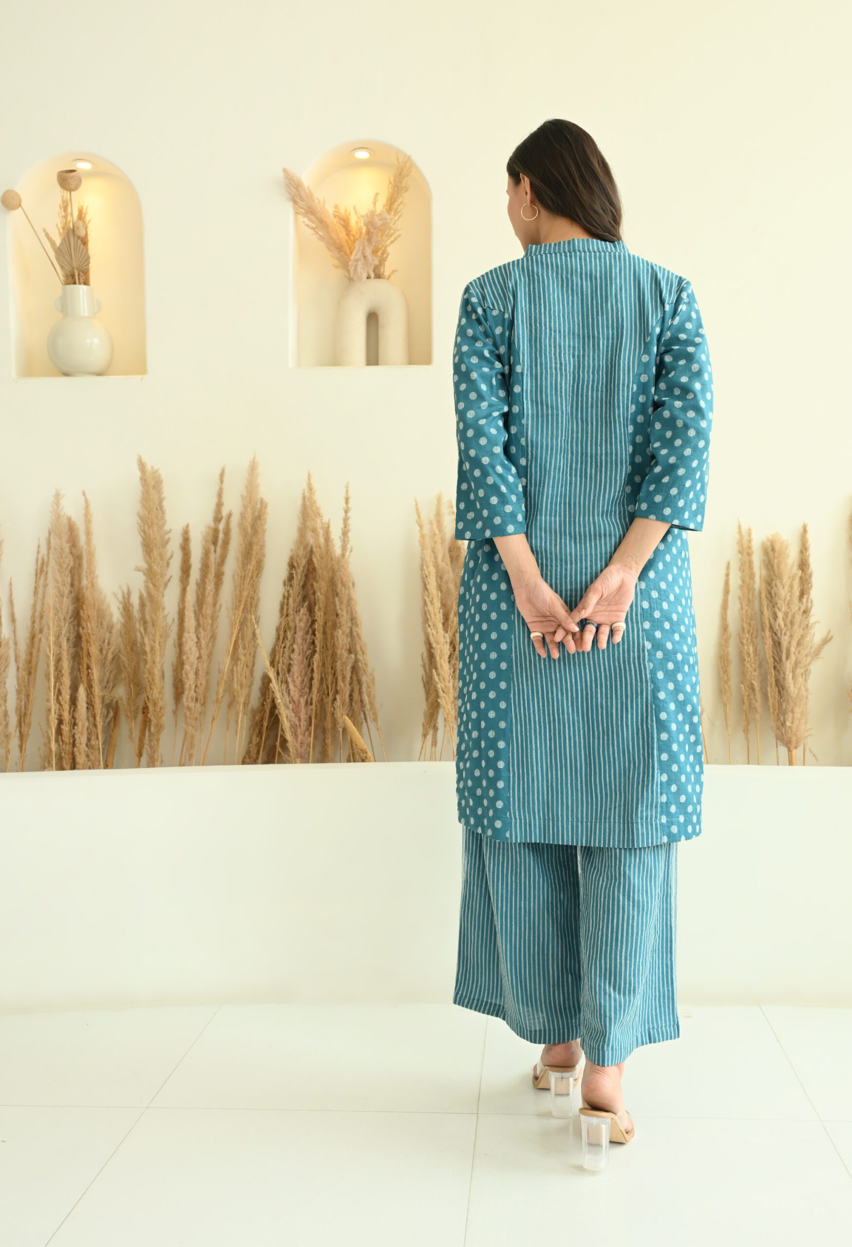 Teal Blue Polka & Lines Kota Doria Co-ord Set - Image 3