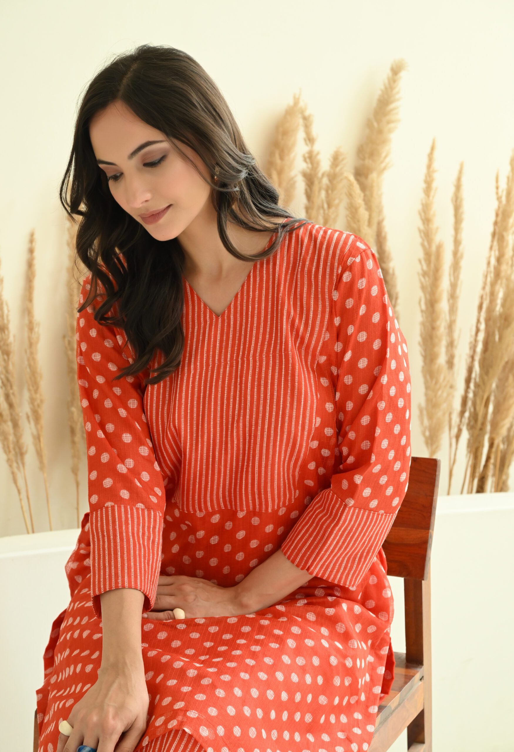 Orange Polka & Lines Kota Doria Co-ord Set