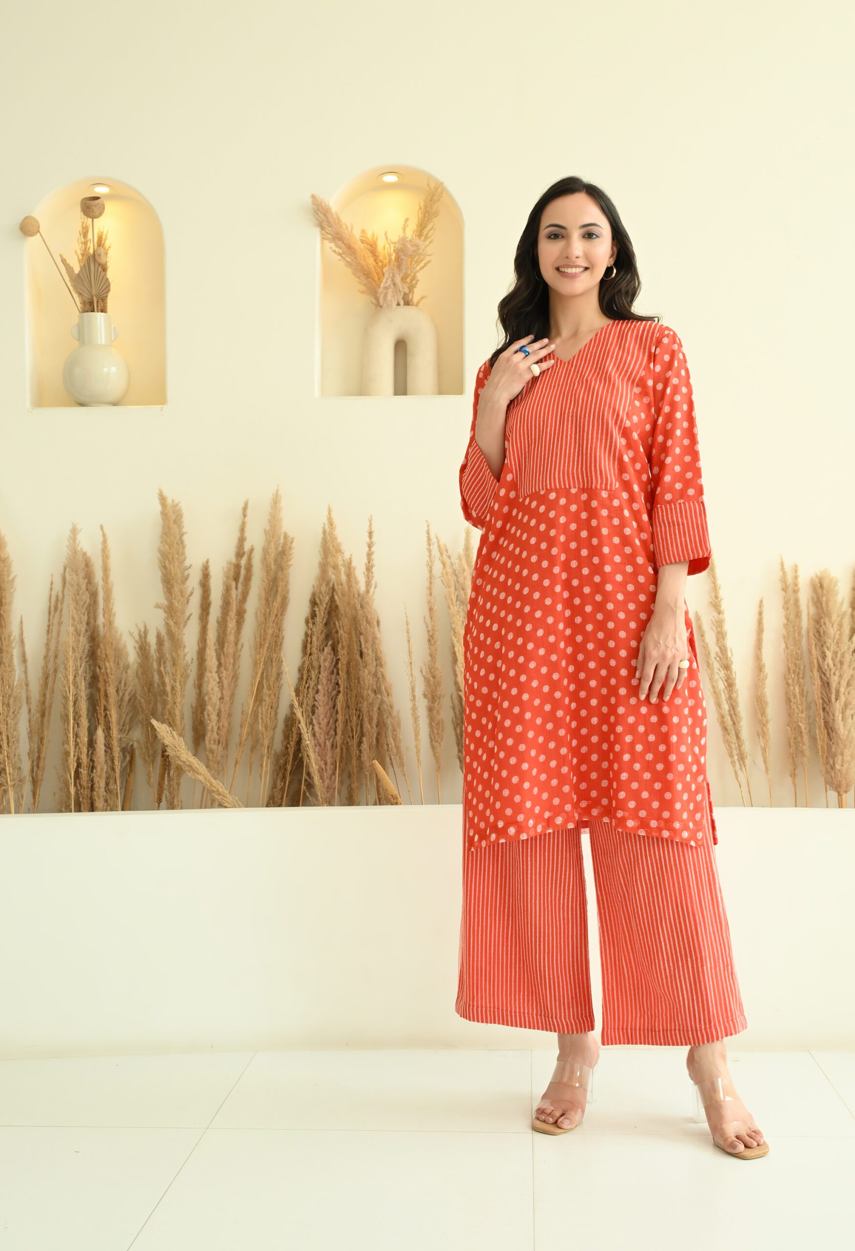 Orange Polka & Lines Kota Doria Co-ord Set - Image 2