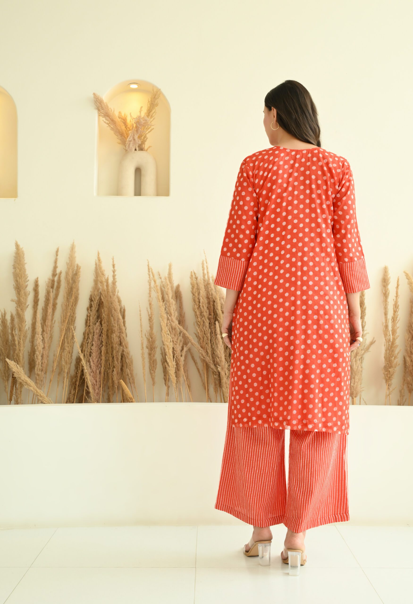 Orange Polka & Lines Kota Doria Co-ord Set - Image 3