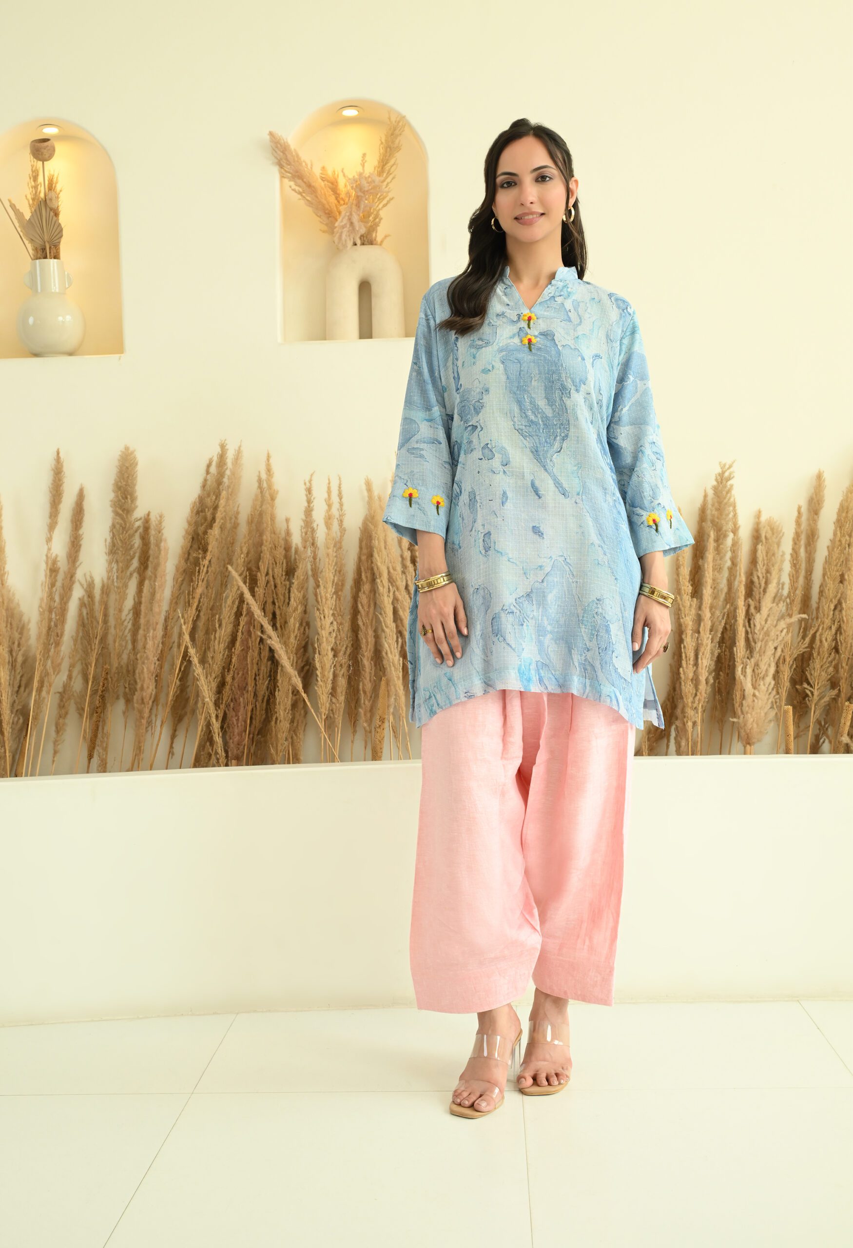 Blue Floral Kota Doria Short Kurta