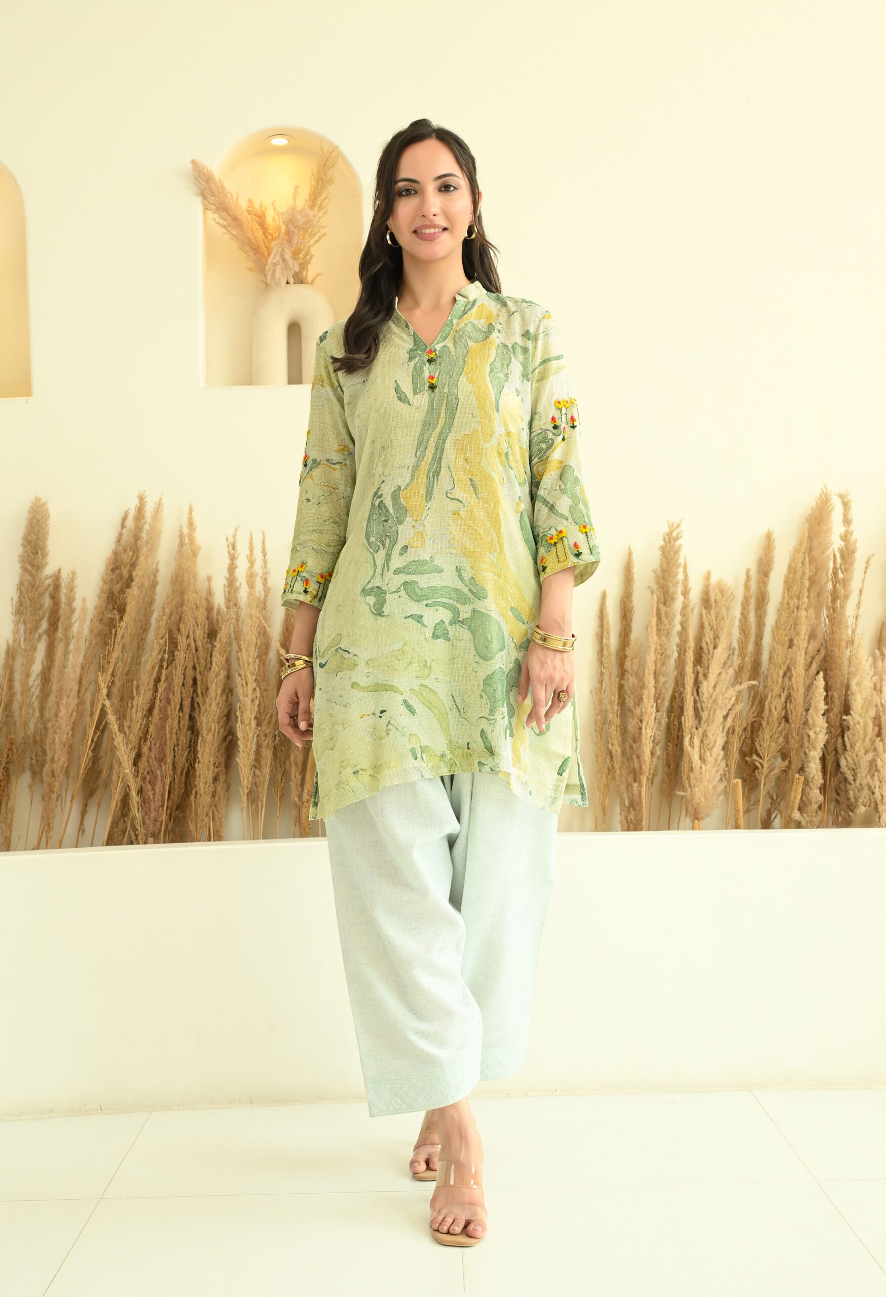 Green Floral Kota Doria Short Kurta