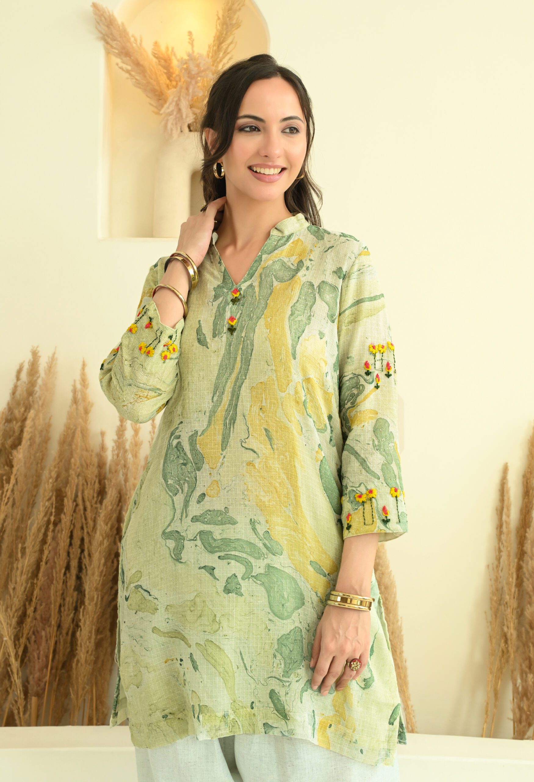 Green Floral Kota Doria Short Kurta - Image 2