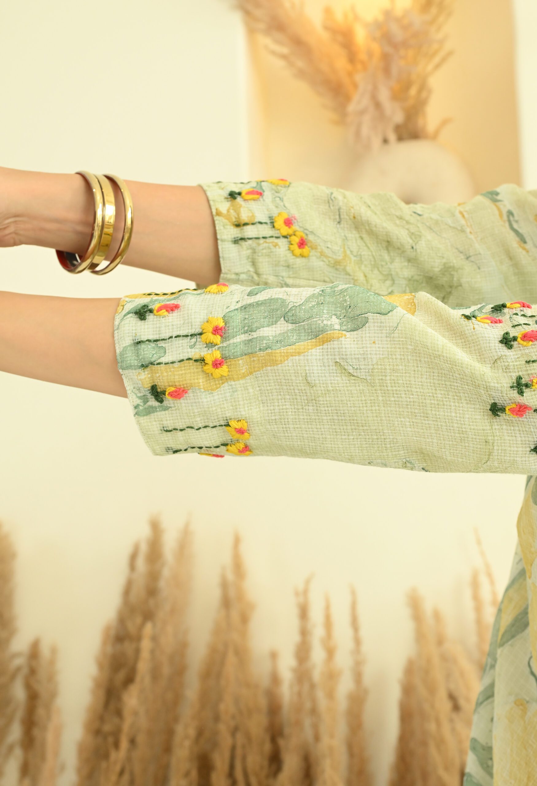 Green Floral Kota Doria Short Kurta - Image 3