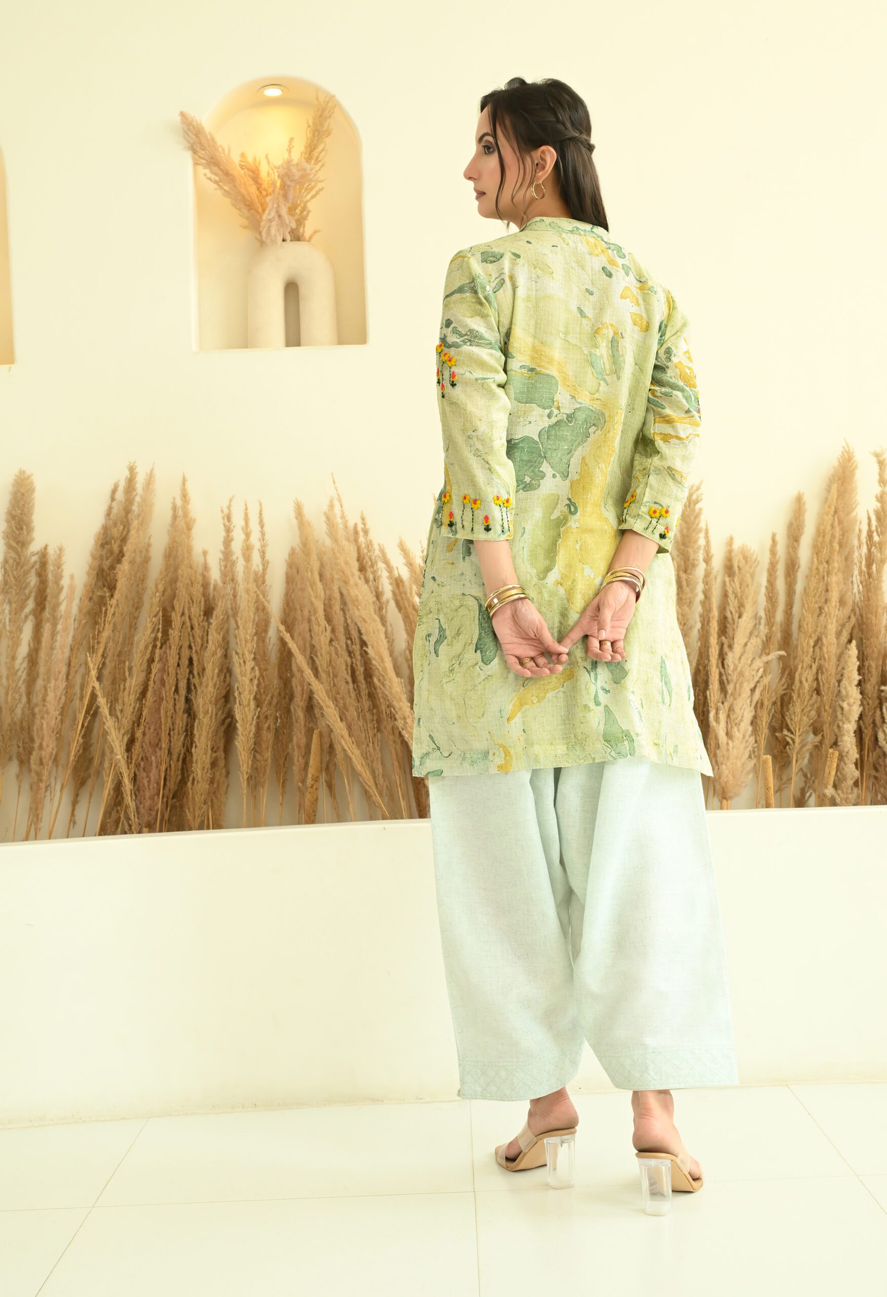 Green Floral Kota Doria Short Kurta - Image 4