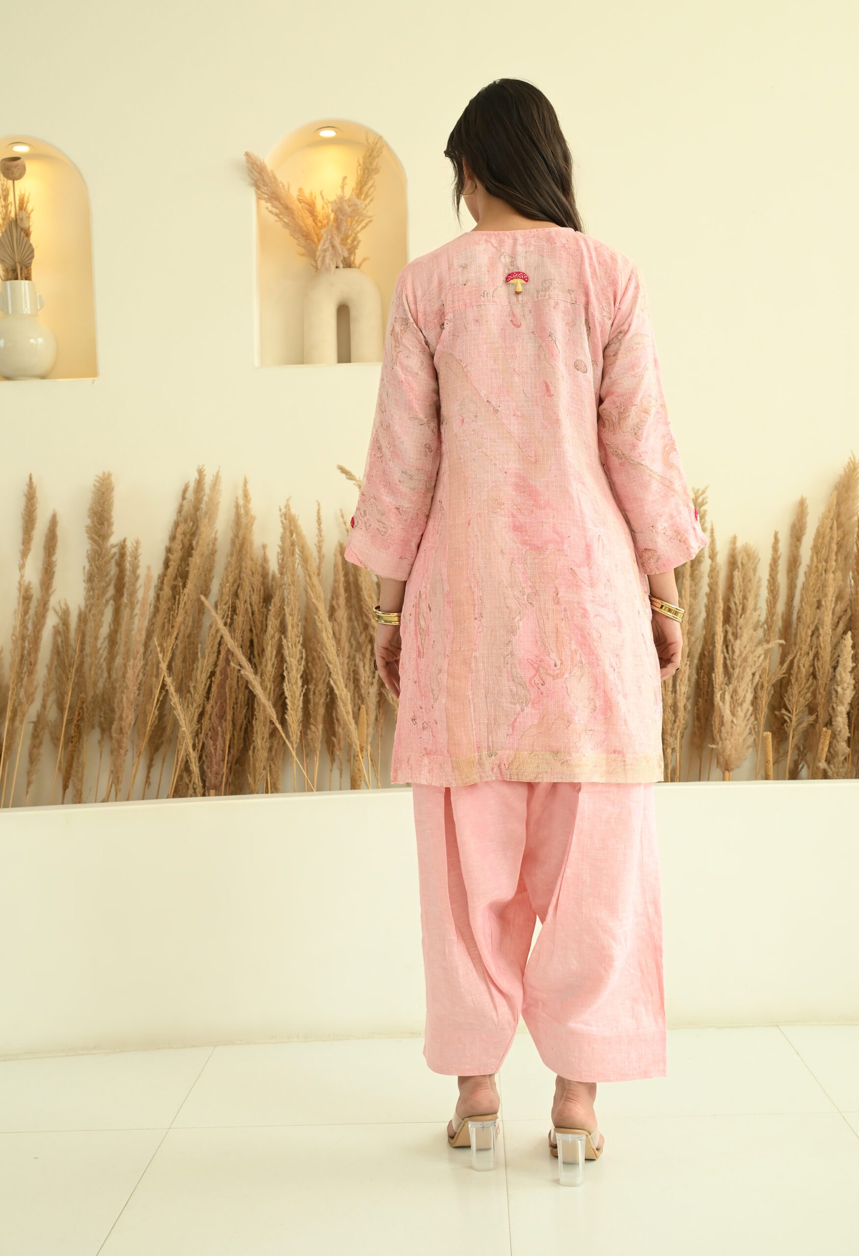 Pink Mushroom Kota Doria Short Kurta- Salwar Set - Image 4