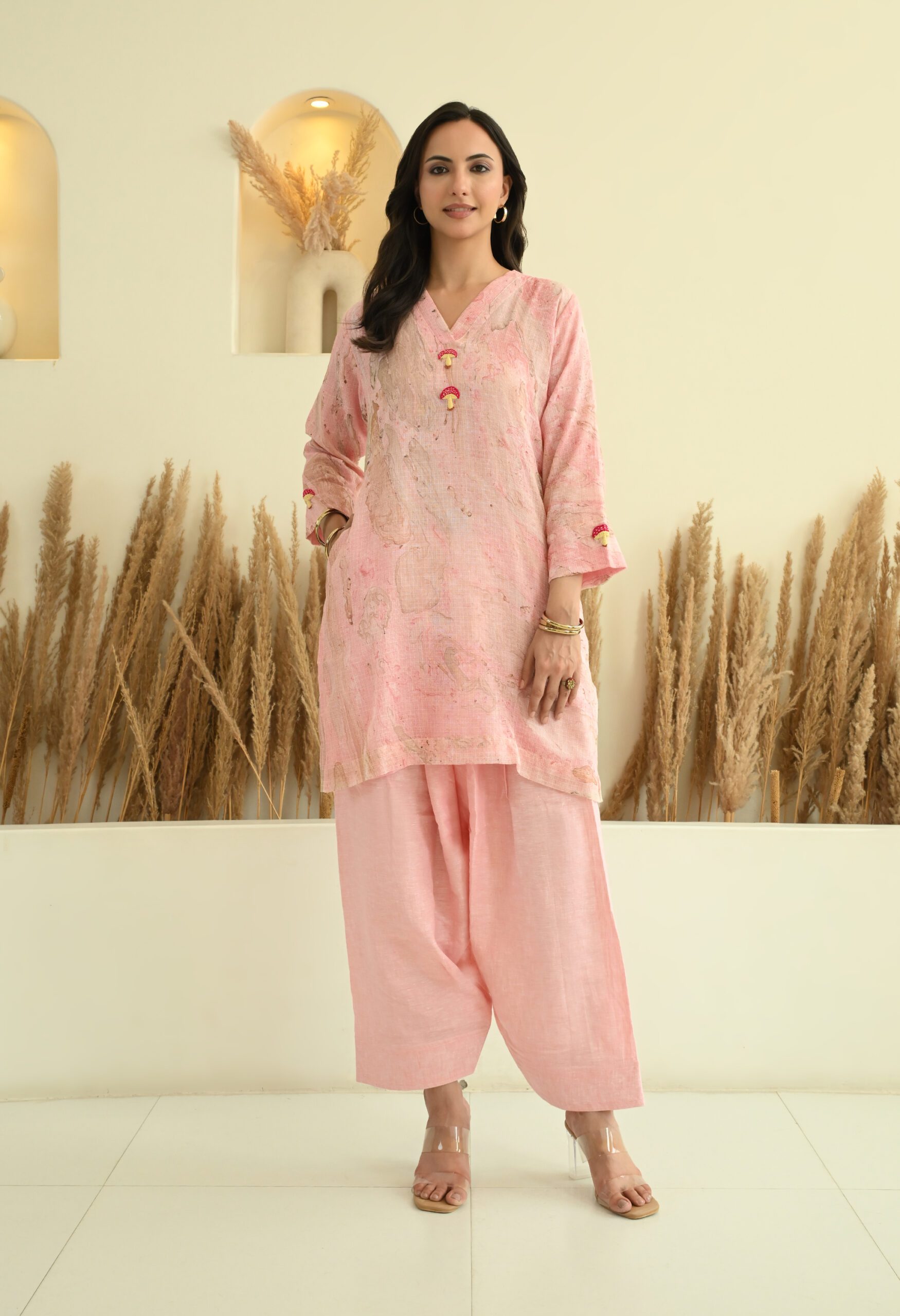 Pink Mushroom Kota Doria Short Kurta- Salwar Set