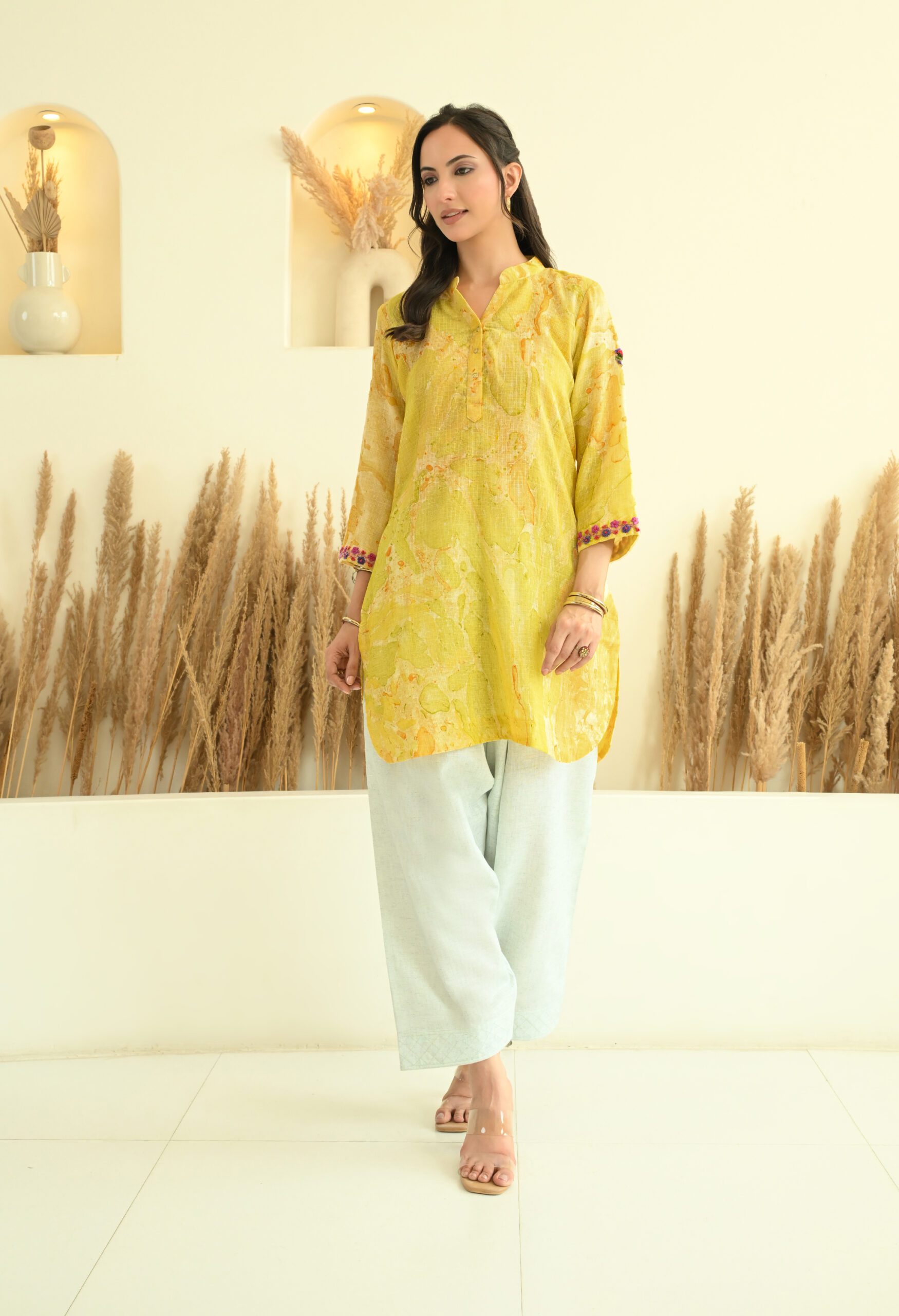 Yellow Floral Kota Doria Short Kurta