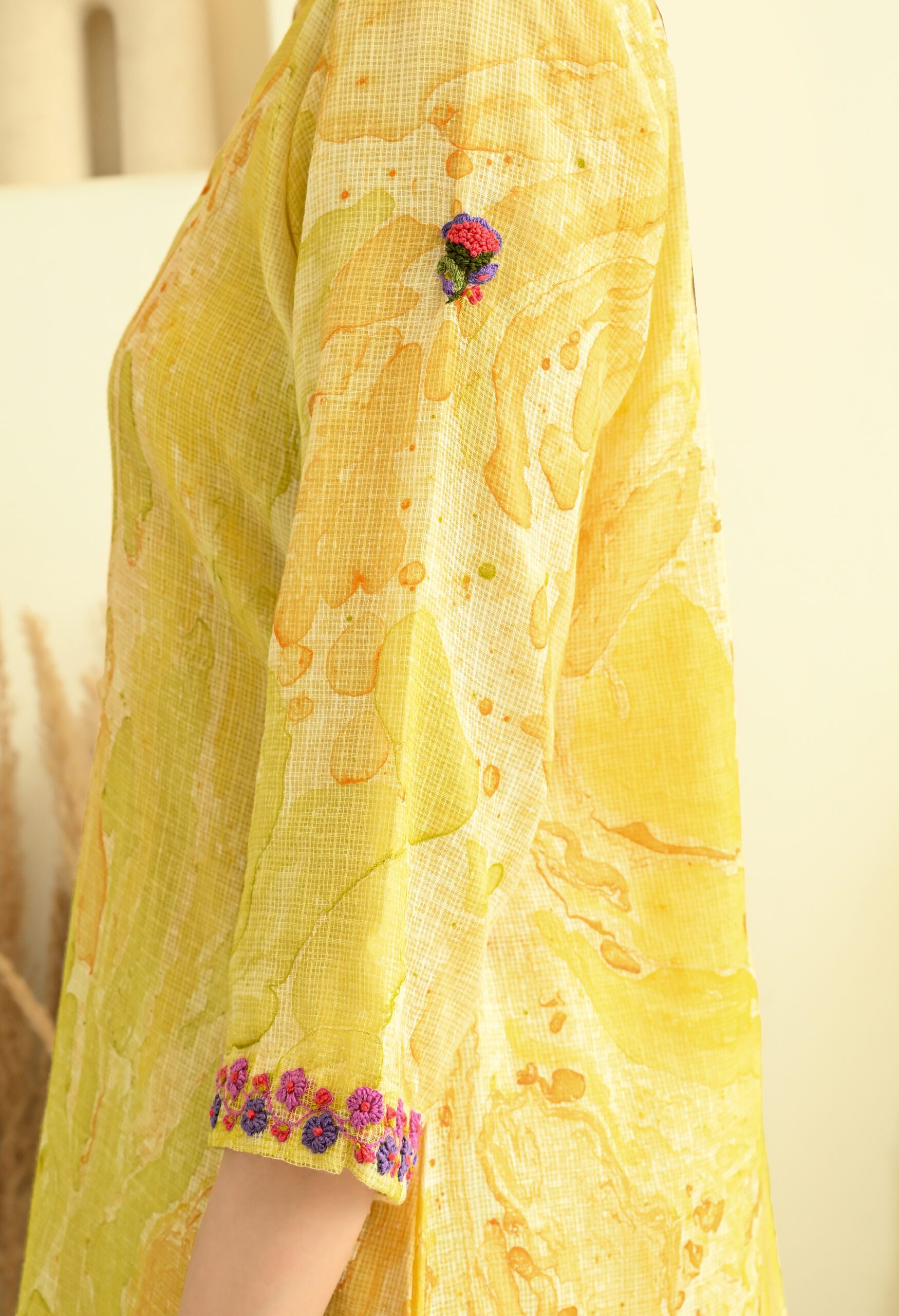 Yellow Floral Kota Doria Short Kurta - Image 2