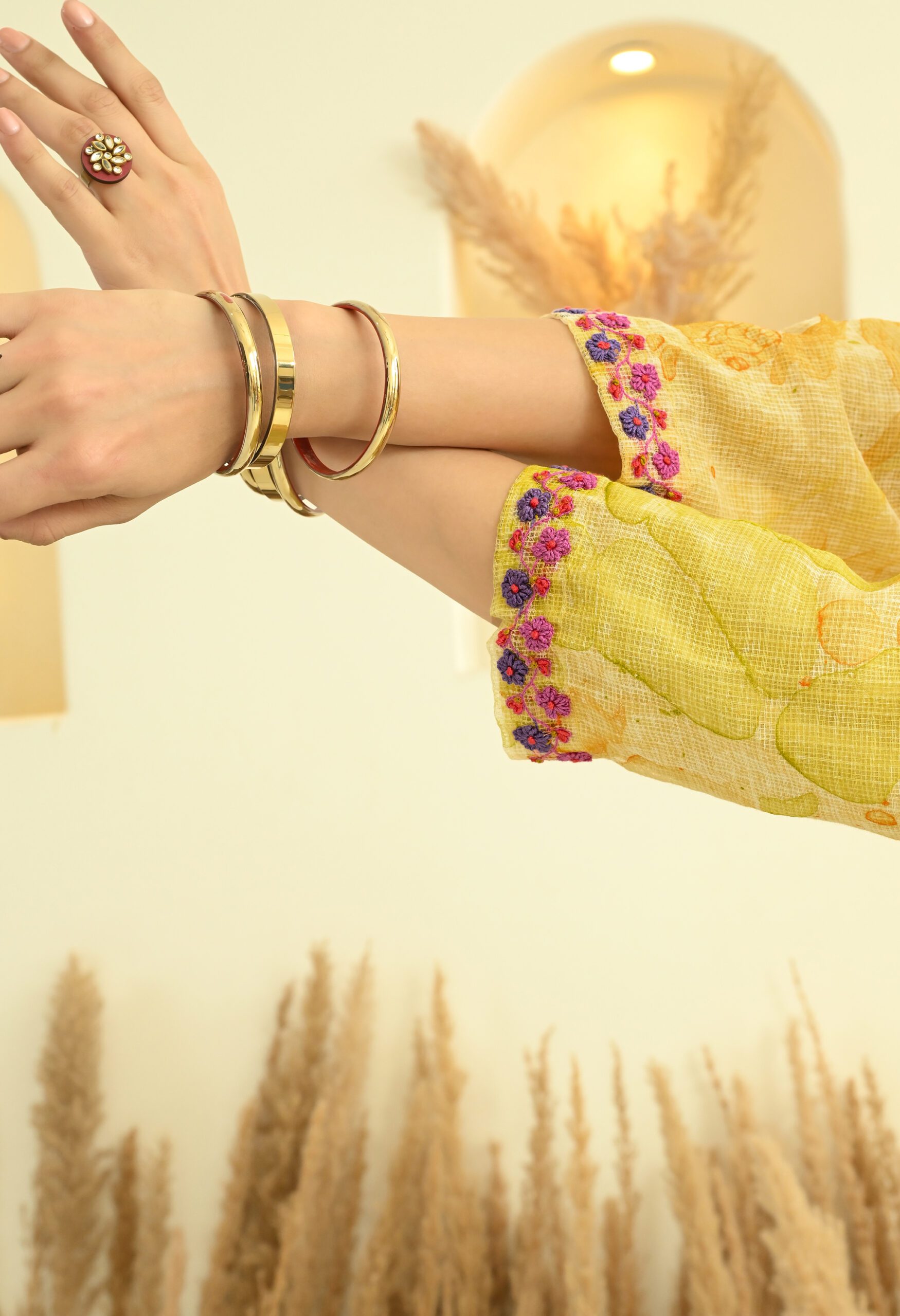 Yellow Floral Kota Doria Short Kurta - Image 3