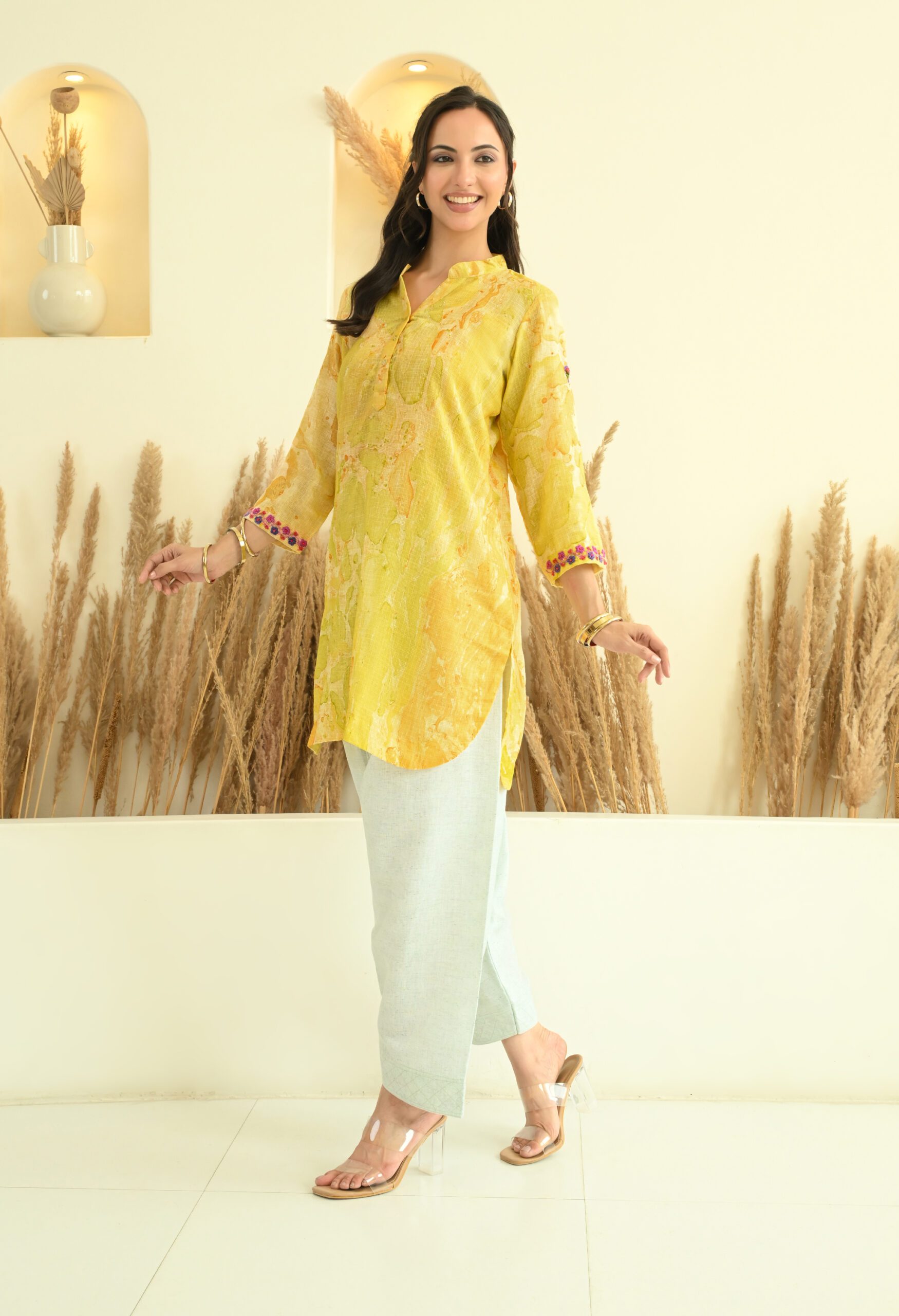 Yellow Floral Kota Doria Short Kurta - Image 4