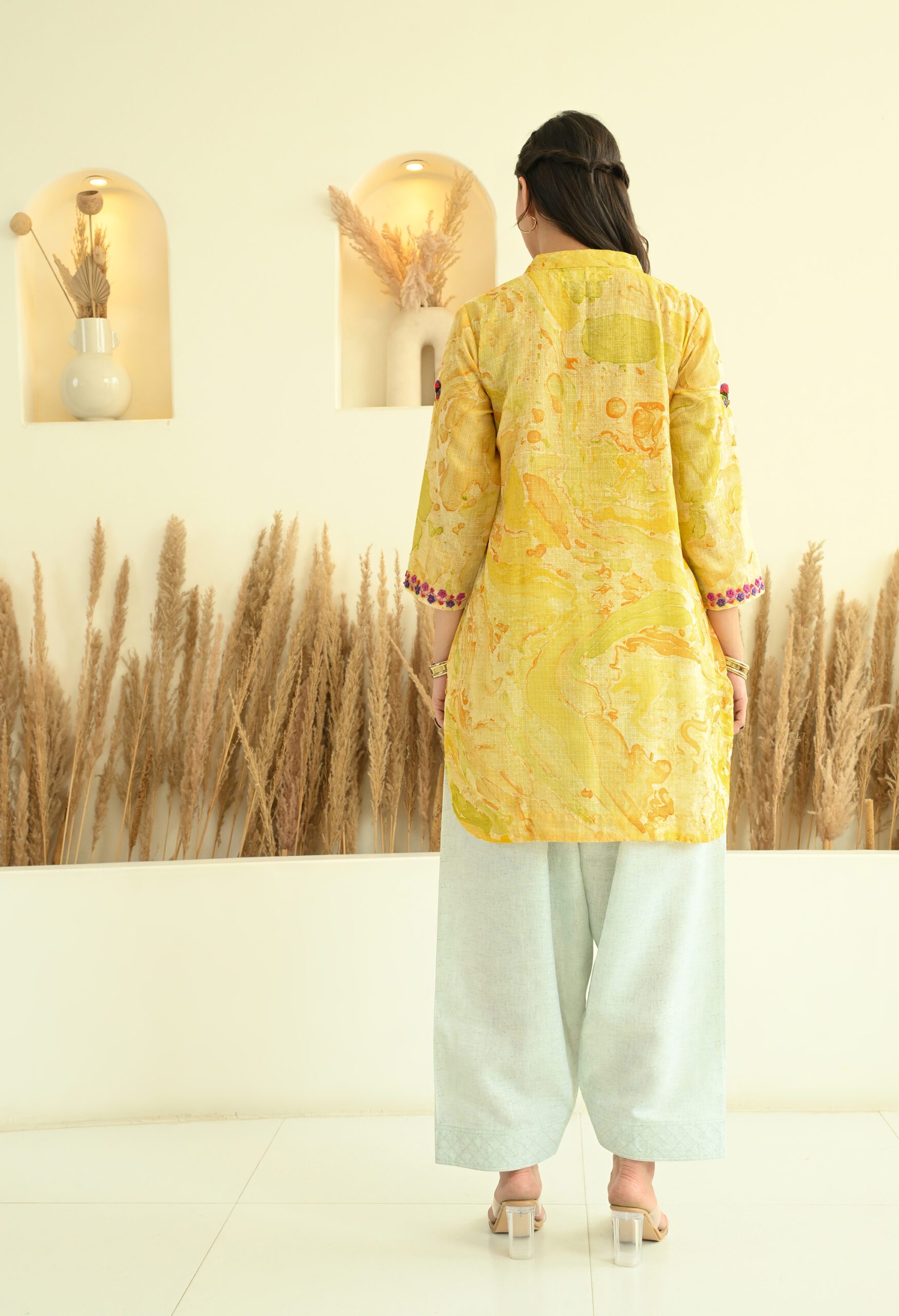 Yellow Floral Kota Doria Short Kurta - Image 5