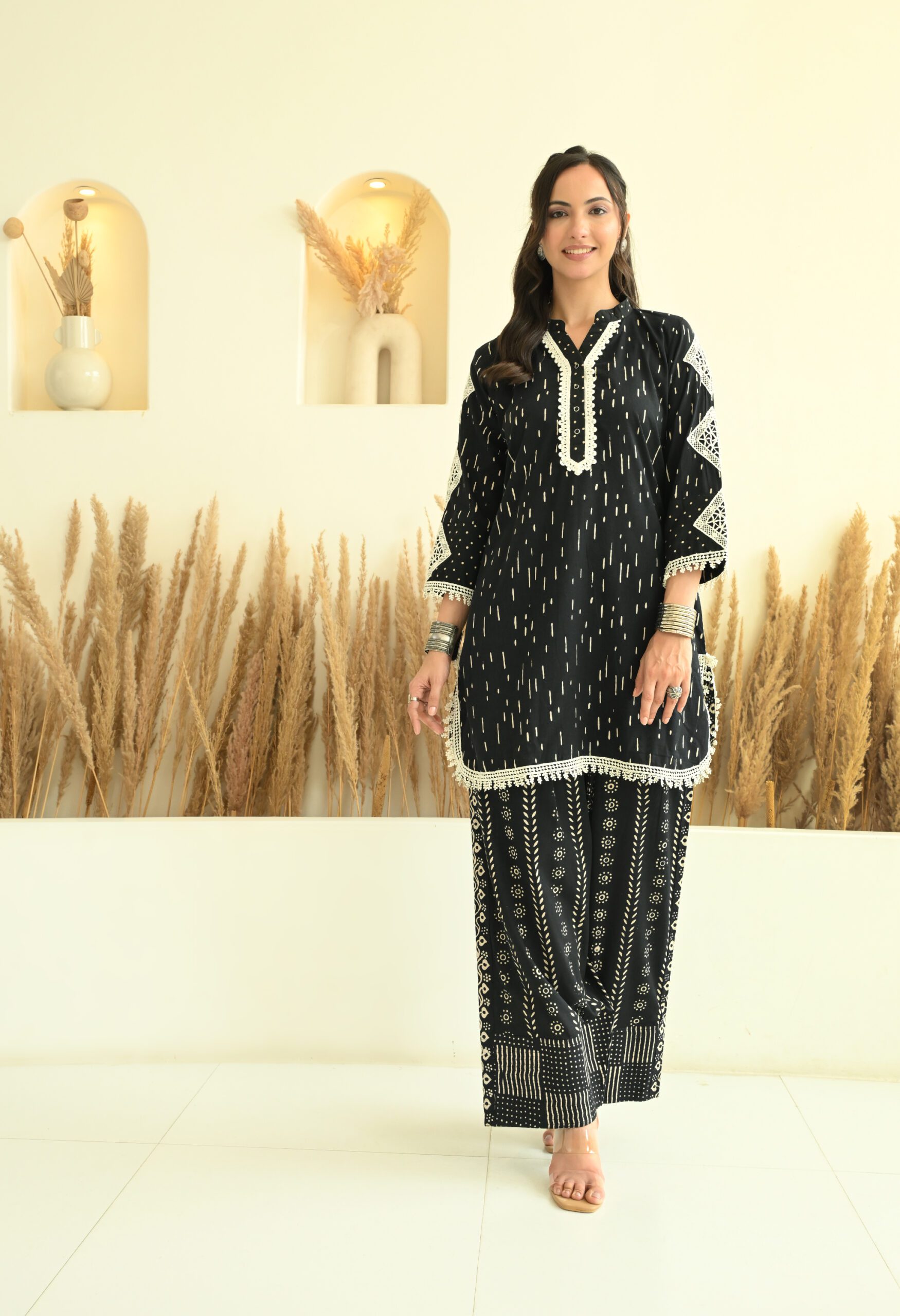 Black Sanganeri Farshi Salwar Co-ord set with Lace Details - Image 2