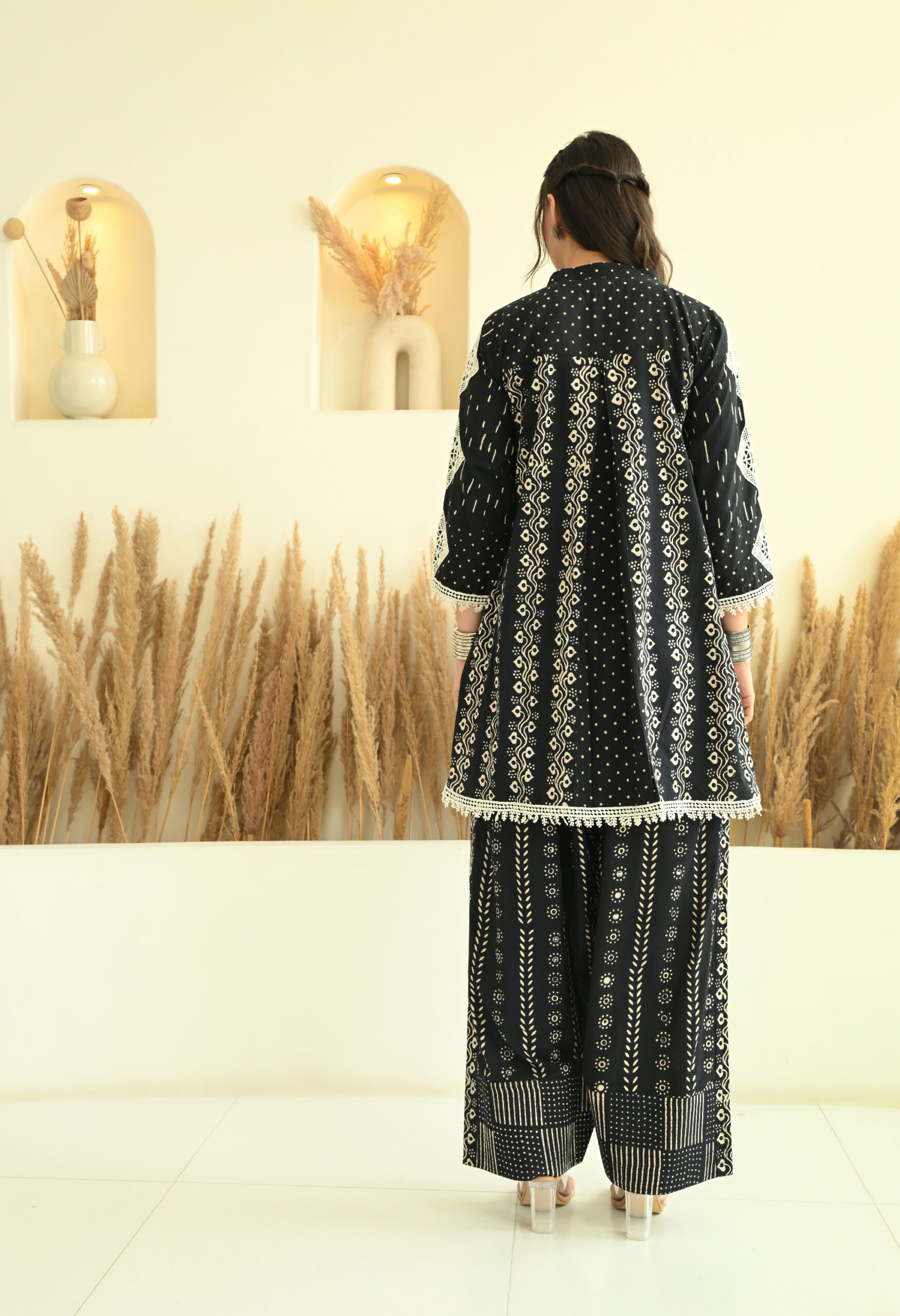 Black Sanganeri Farshi Salwar Co-ord set with Lace Details - Image 3