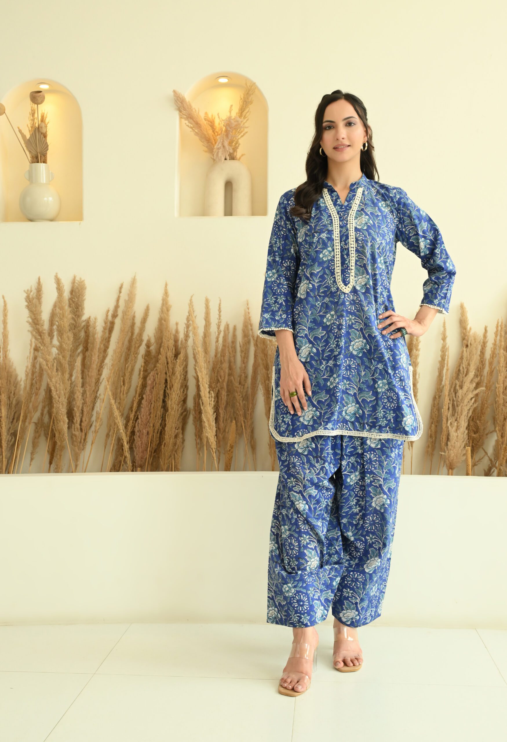 Blue Floral Sanganeri Salwar Co-ord Set with Lace Details