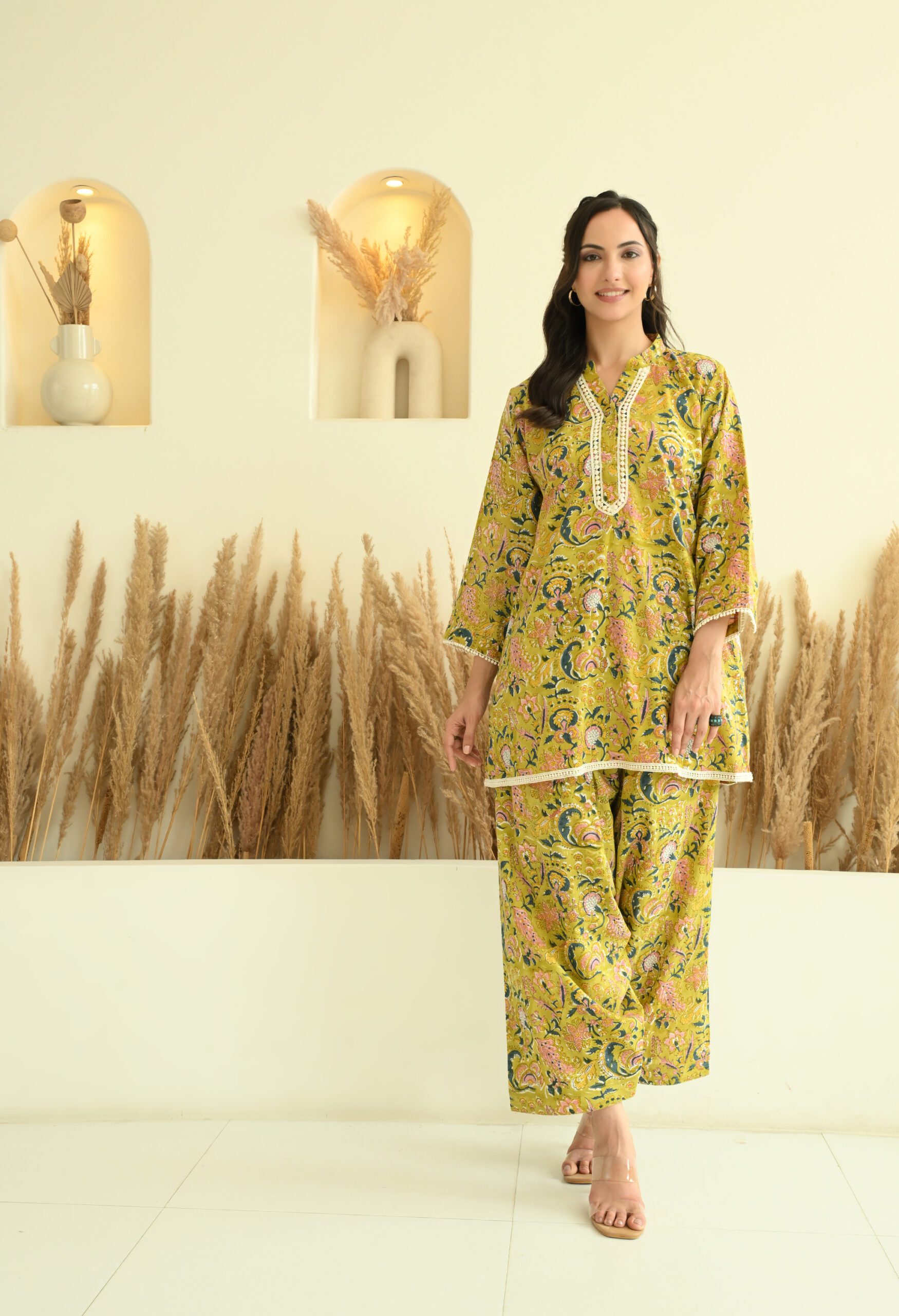 Green Sanganeri Salwar Co-Ord Set with Lace Details