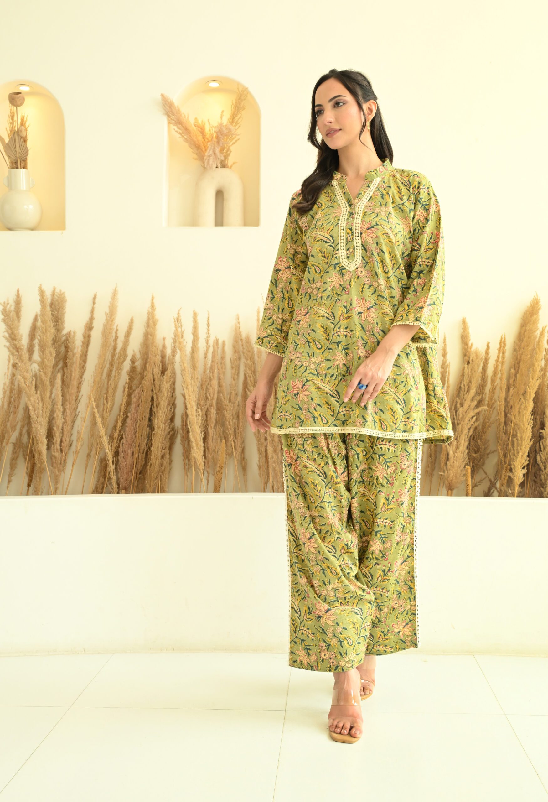 Green Sanganeri Farshi Salwar Co-Ord Set with Lace Details