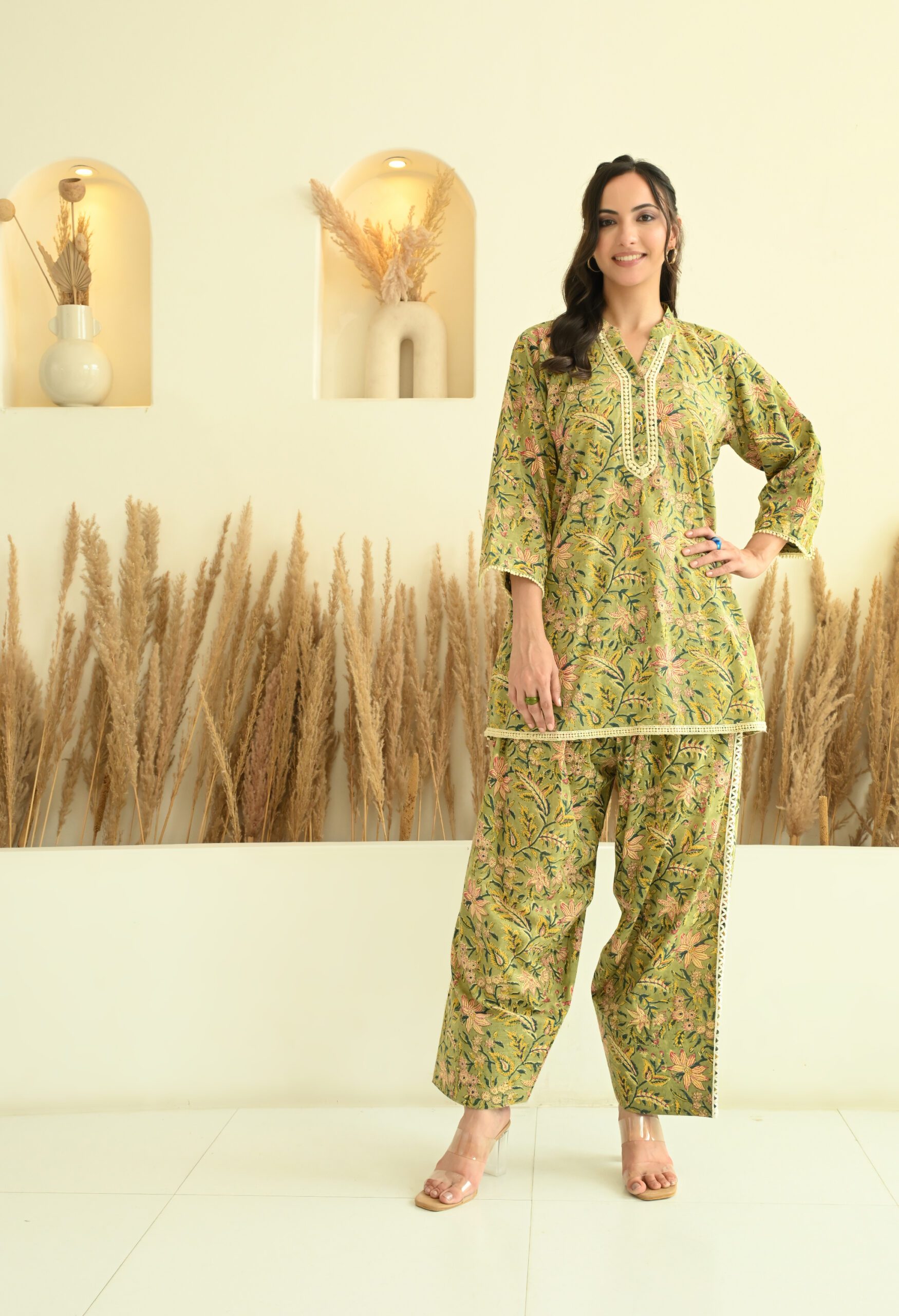 Green Sanganeri Farshi Salwar Co-Ord Set with Lace Details - Image 3