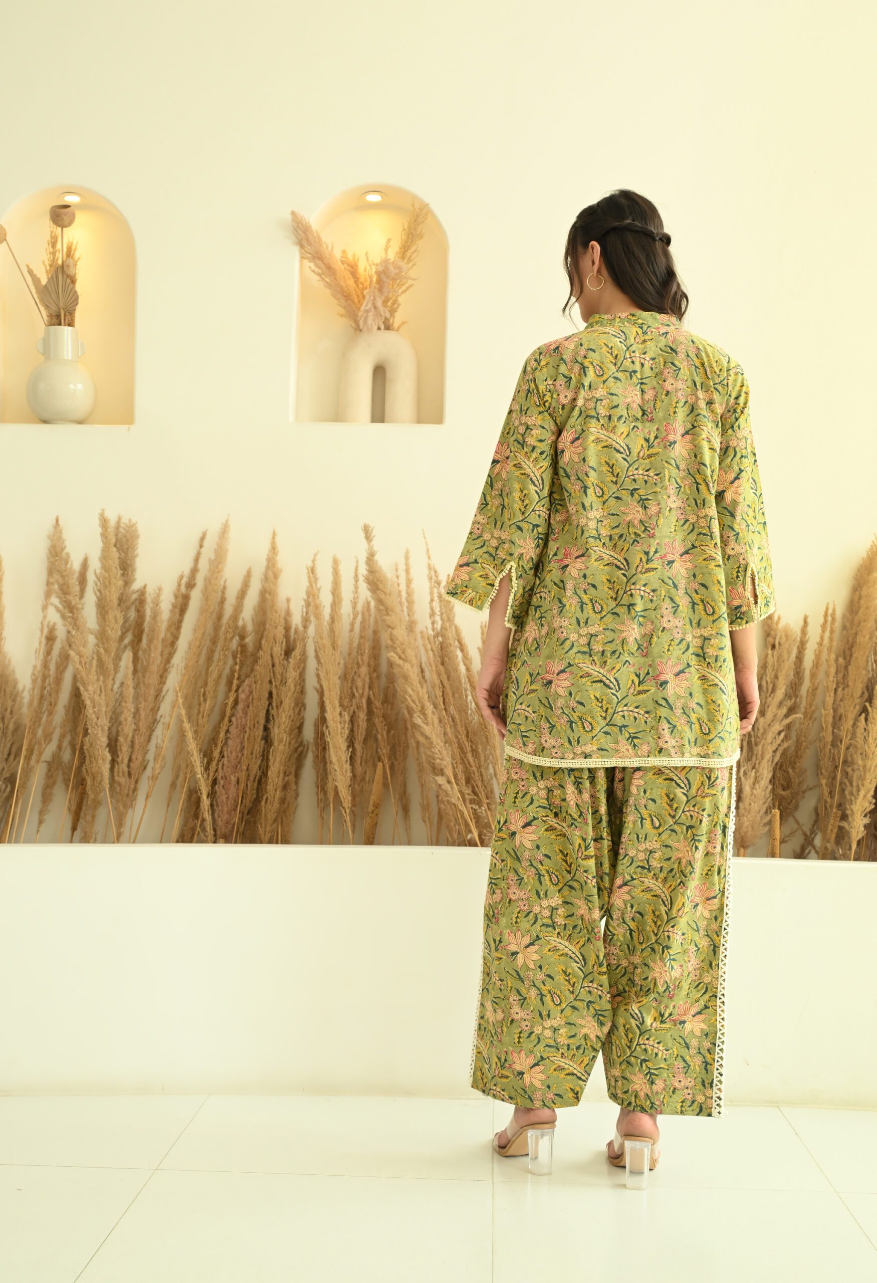 Green Sanganeri Farshi Salwar Co-Ord Set with Lace Details - Image 4