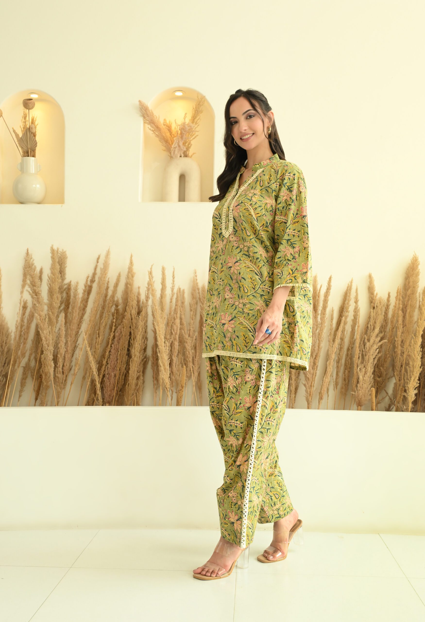 Green Sanganeri Farshi Salwar Co-Ord Set with Lace Details - Image 5