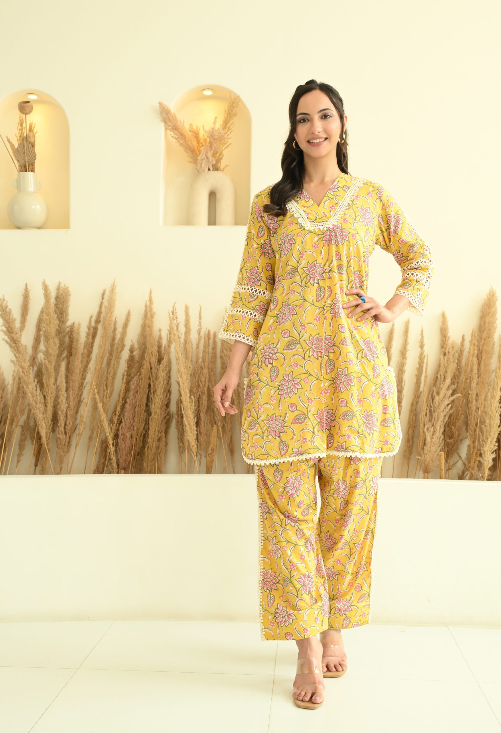 Yellow Floral Sanganeri Salwar Co-ord Set with Lace Details