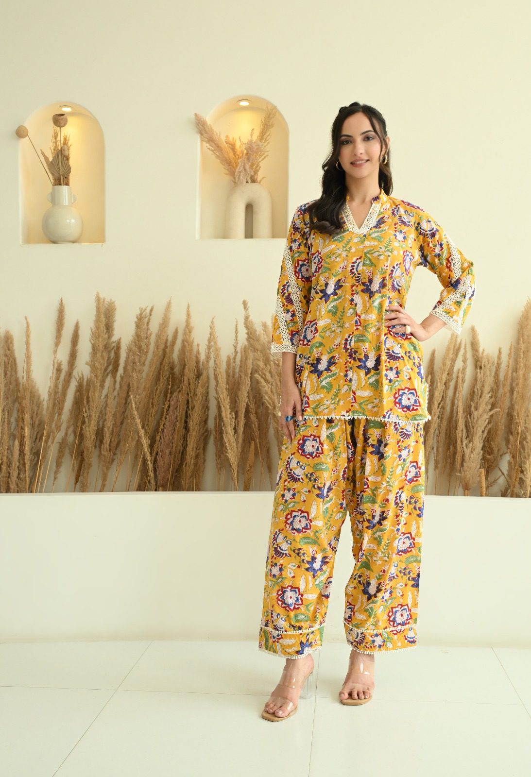 Yellow Sanganeri Salwar Co-ord Set with Lace Details