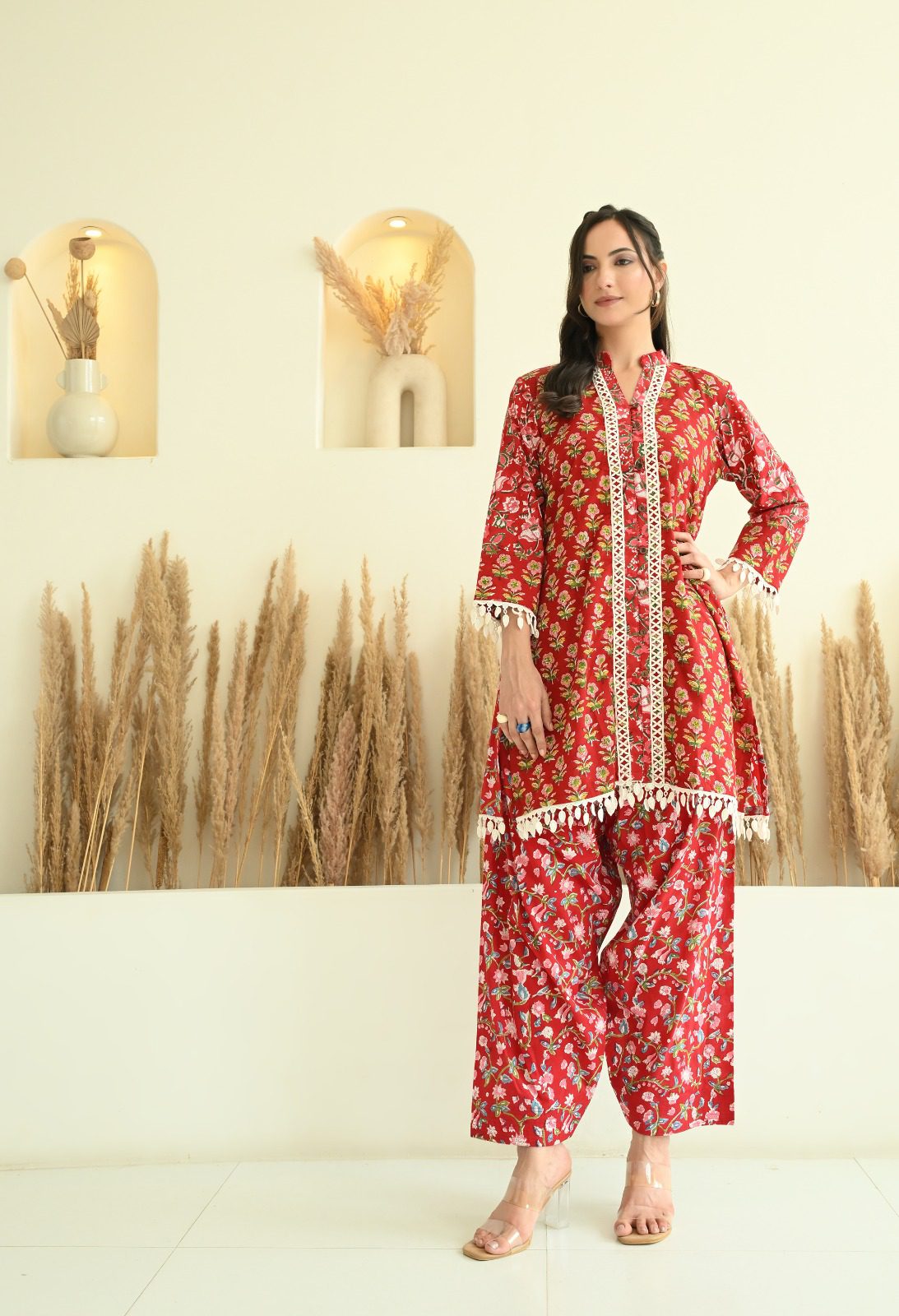 Red Floral Sanganeri Farshi Salwar Co-ord Set with Lace Details - Image 3