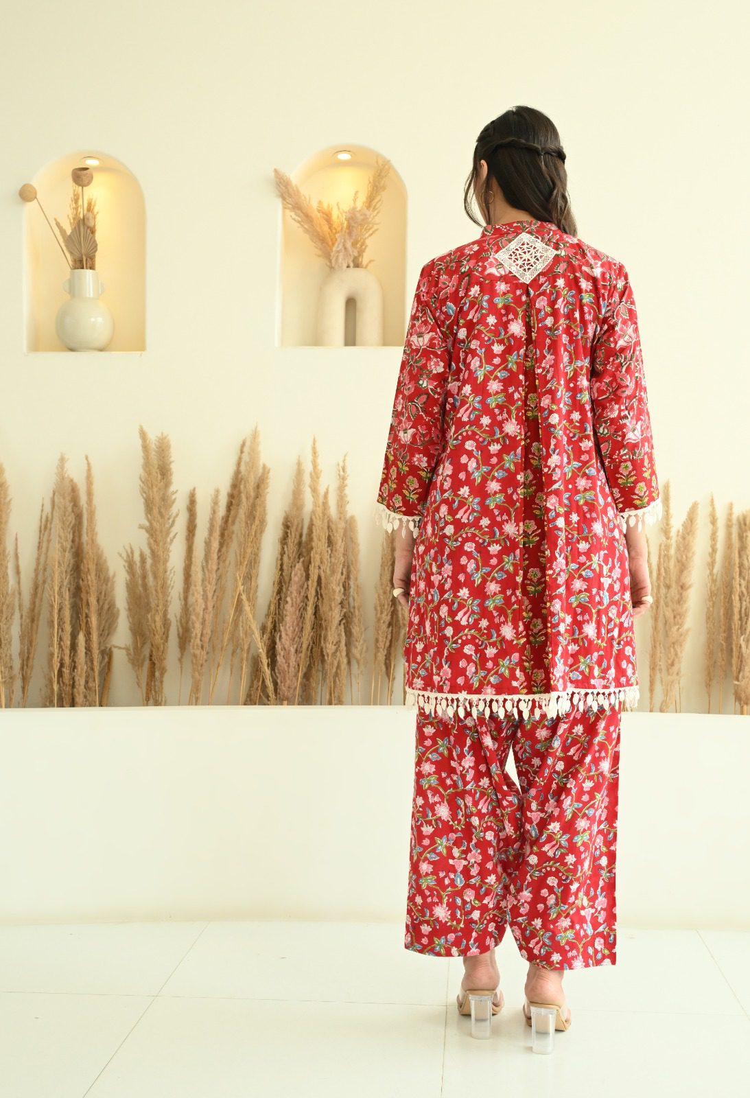 Red Floral Sanganeri Farshi Salwar Co-ord Set with Lace Details - Image 4