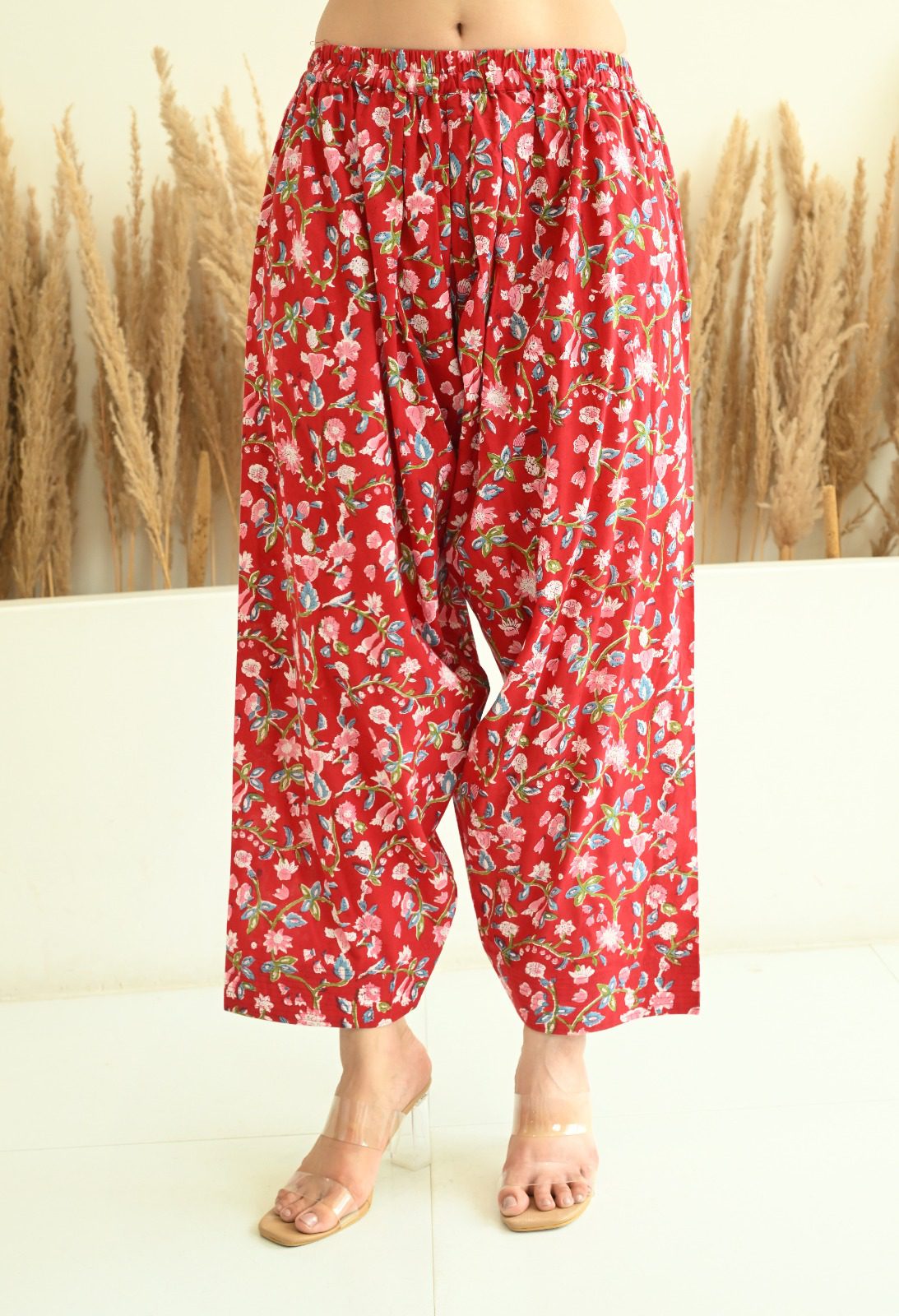 Red Floral Sanganeri Farshi Salwar Co-ord Set with Lace Details - Image 2