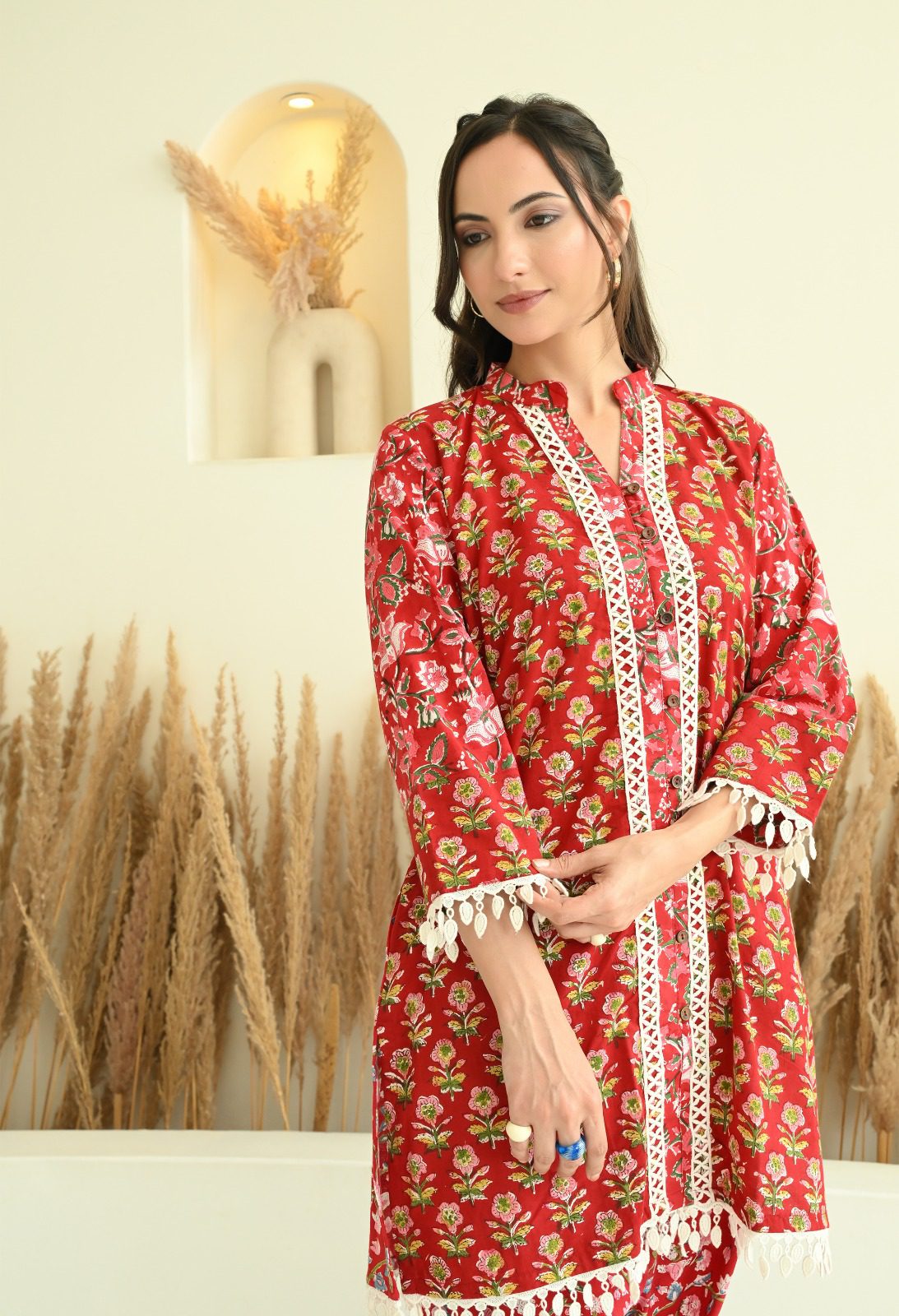 Red Floral Sanganeri Farshi Salwar Co-ord Set with Lace Details