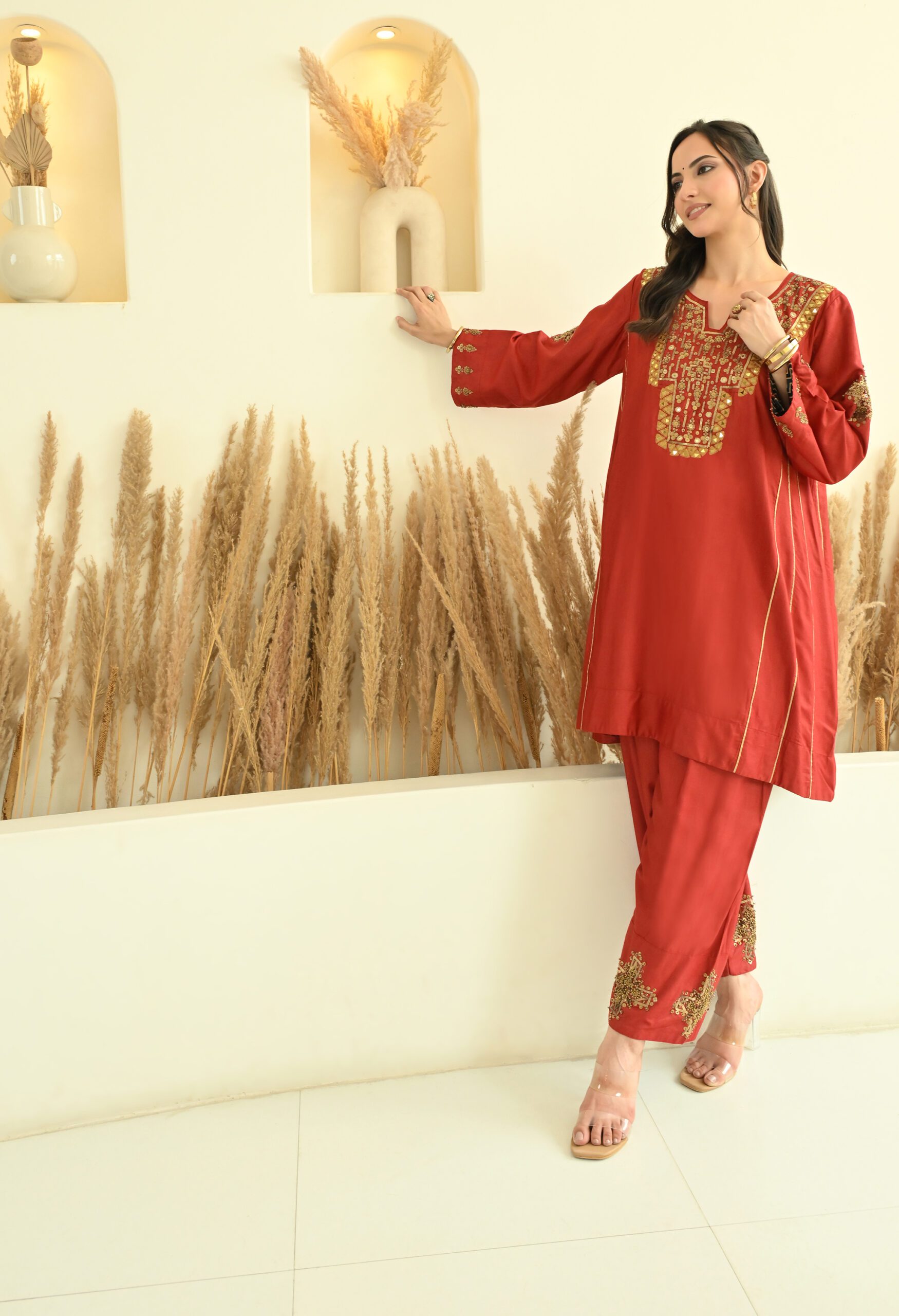 Hand Embroidered Maroon Choga Set in Cotton Silk