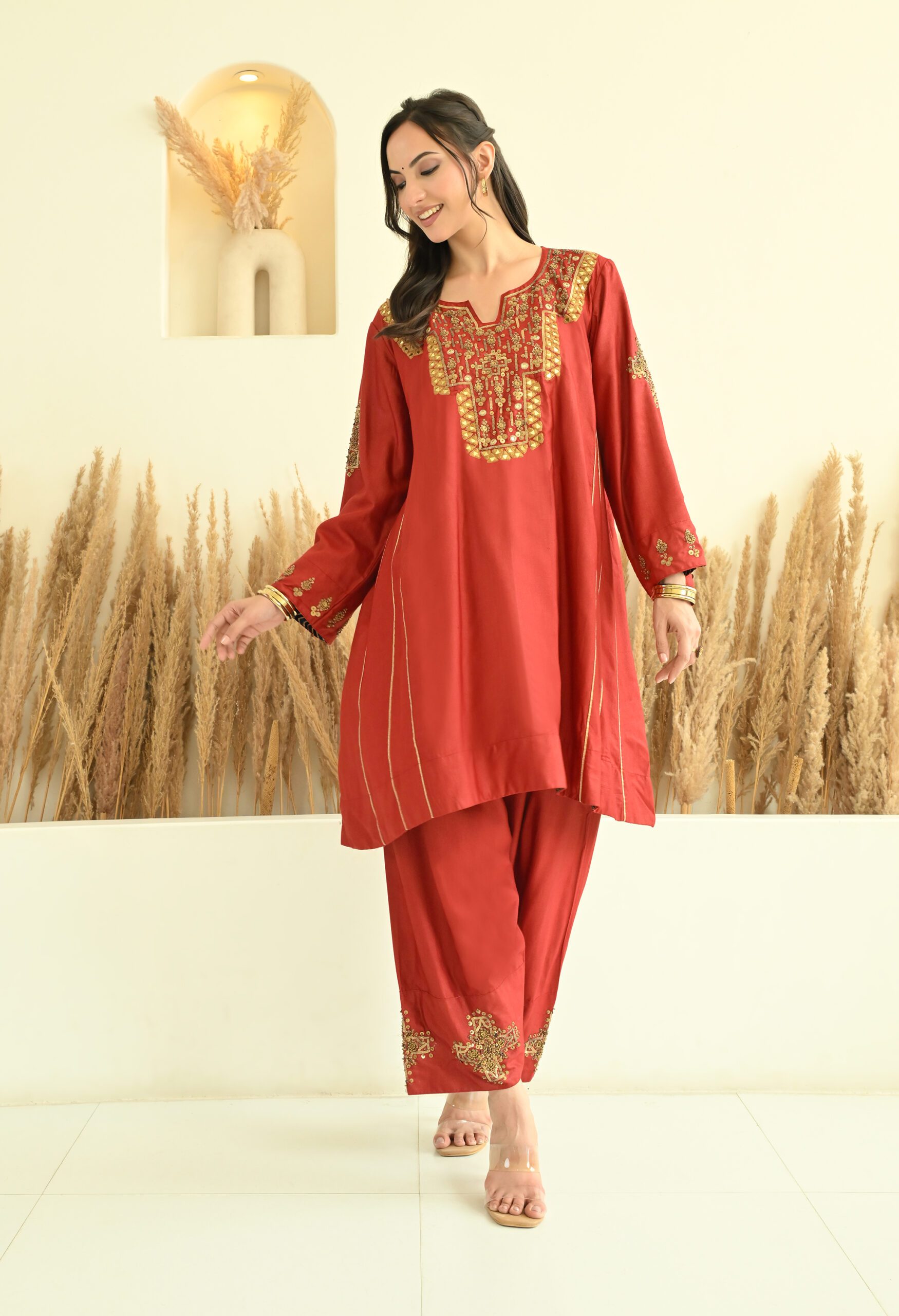 Hand Embroidered Maroon Choga Set in Cotton Silk - Image 3
