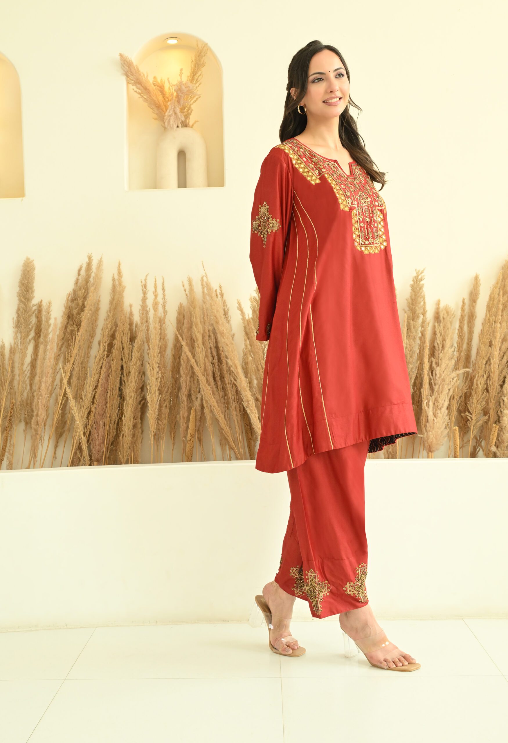 Hand Embroidered Maroon Choga Set in Cotton Silk - Image 4