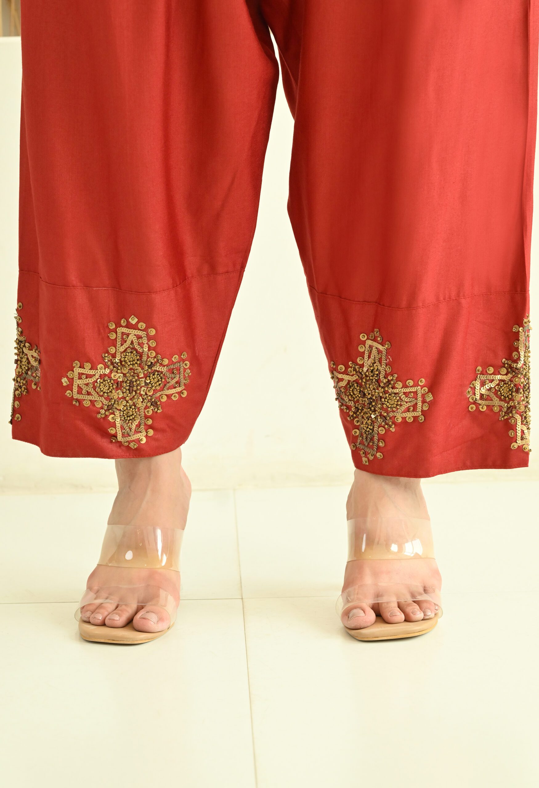 Hand Embroidered Maroon Choga Set in Cotton Silk - Image 7